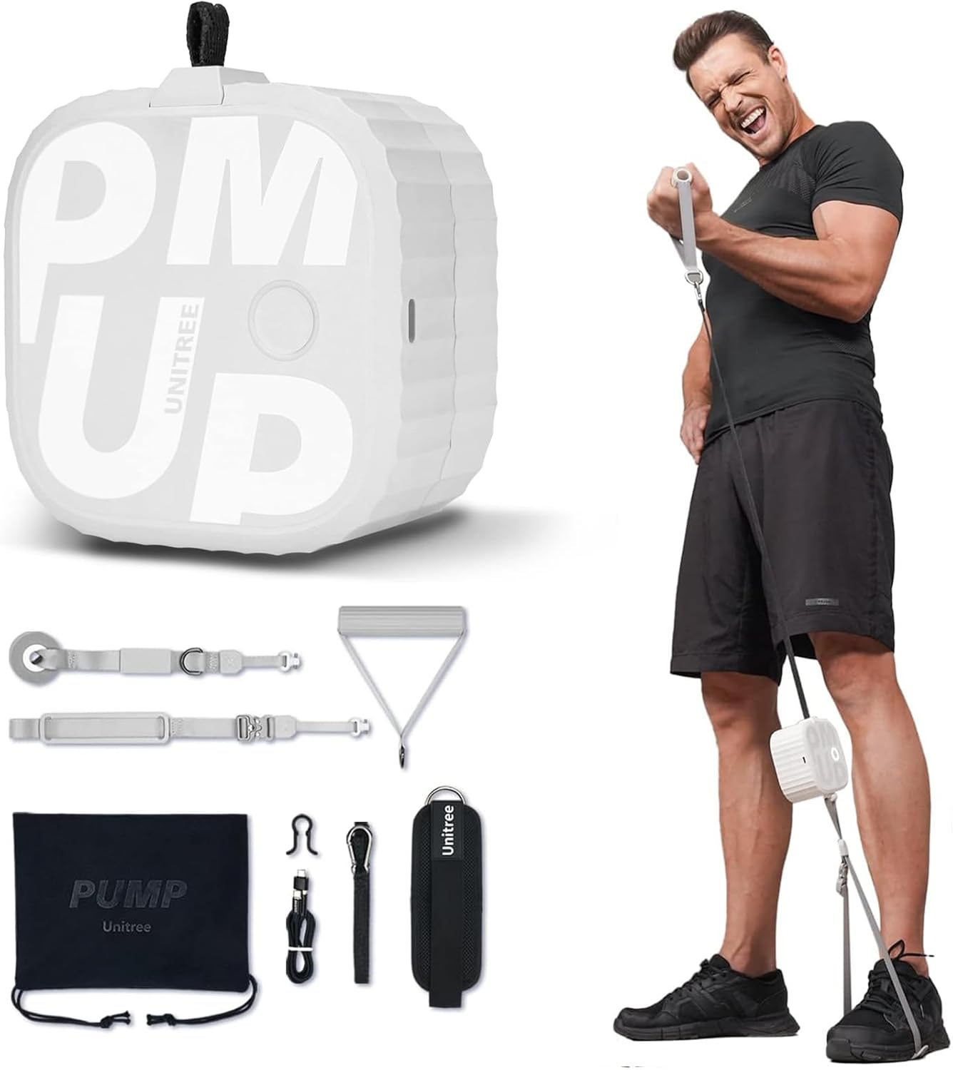 UNITREE Pump Pro Home Gym Equipment All-In-One Smart Pocket Gym, Portable Cable Machine with 4.4-44Lbs Resistance Bands, Eccentric and Concentric Available, 6 Training Modes & APP Assistant