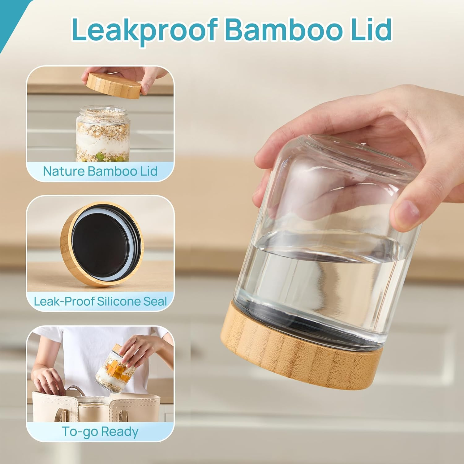 Vtopmart 6 Pack 16Oz Glass Overnight Oats Containers with Bamboo Lids, Portable Wide Mouth Glass Jars Leak-Proof, Reusable Glass Food Storage Containers for Yogurt Chia Pudding Salad Pickling Snacks image number 1