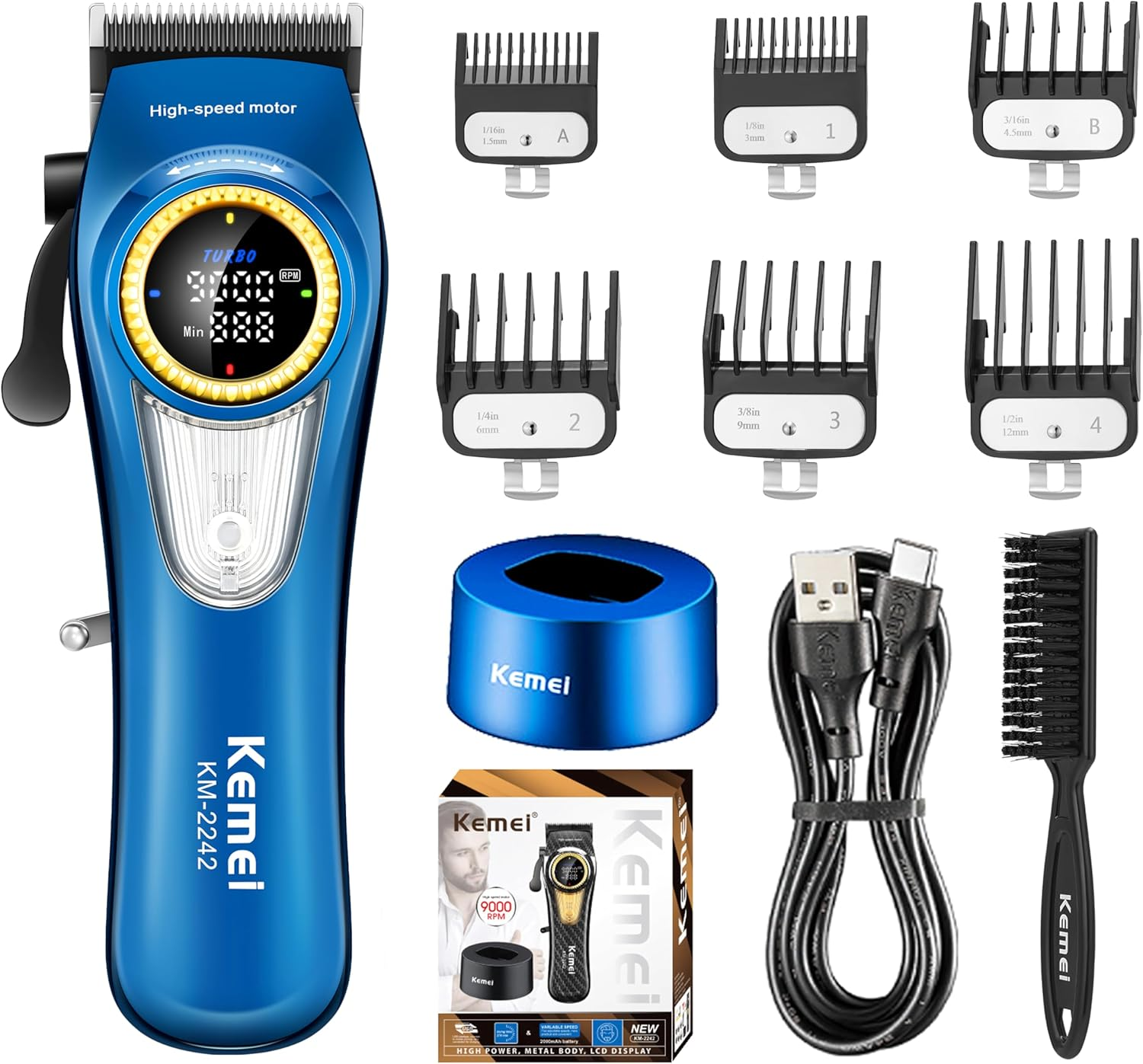 KEMEI 2242 Professional Hair Clippers for Men, Cordless Barber Clipper with LED Display & Charging Base, Hair Cutting Tools, 9000 RPM Super Torque Motor, Black