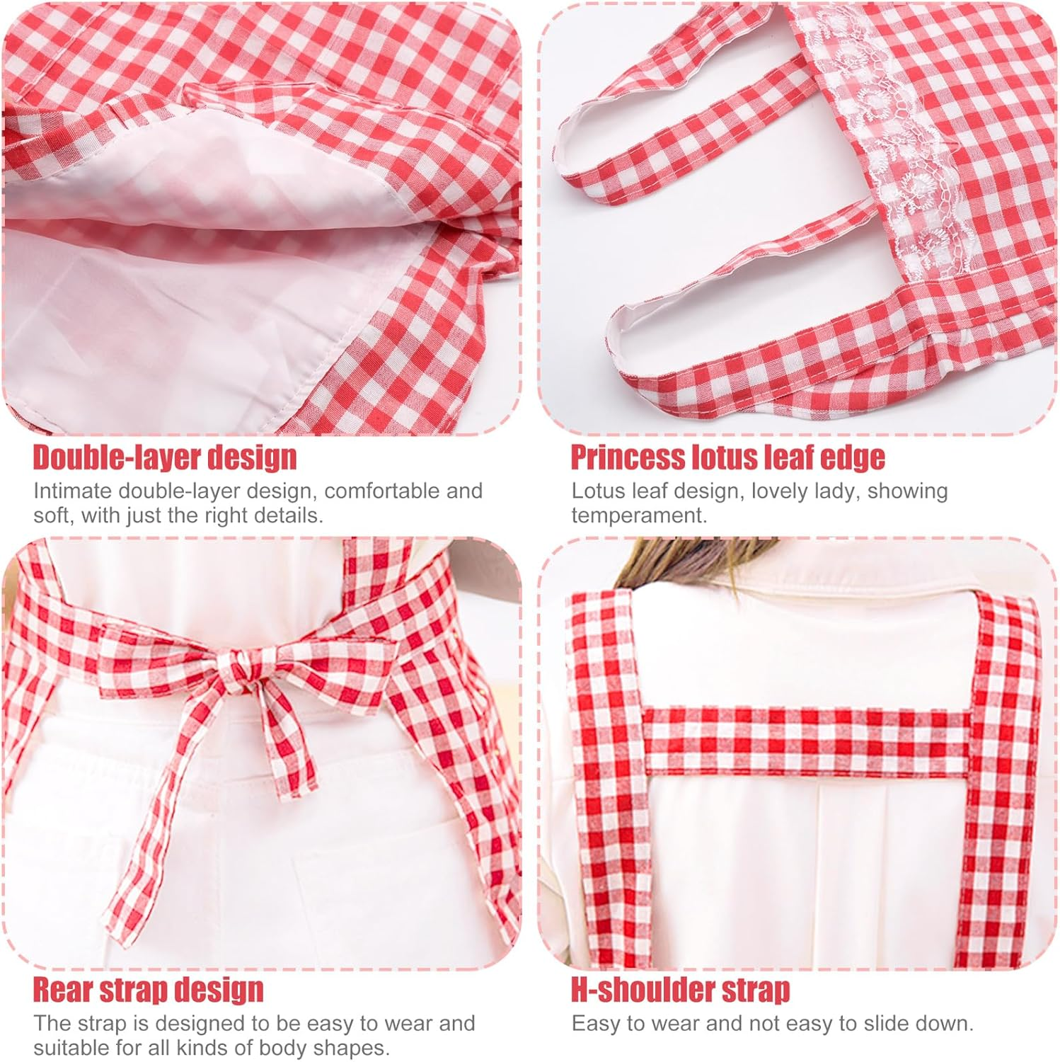 JJYHEHOT Women Classic Vintage Apron, Red and White Gingham Cotton Apron, Home Kitchen Chef Bib, Red