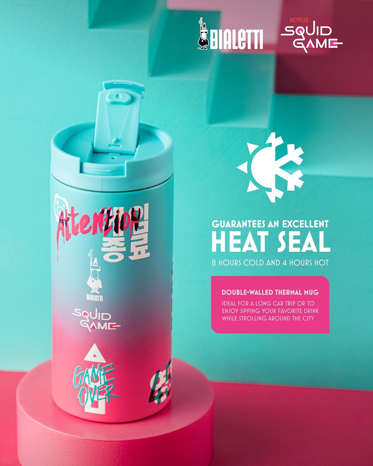 Bialetti Travel Mug &ndash; Squid Game Edition | Double-Walled Stainless Steel Mug | Thermal Travel Mug | Gradient Pink and Teal Design | Keeps Drinks Hot or Cold | 360 Ml Capacity image number 2