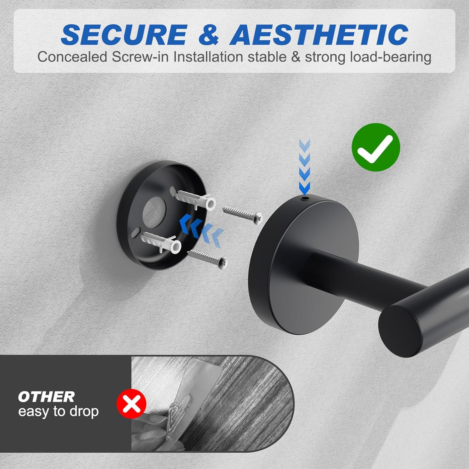 Bluefire 12-Piece Bathroom Hardware Set, Wall Mounted Bathroom Accessories Set Towel Bars for Bathroom Towel Holder Set with 2 Paper Tower Holders 2 Towel Bars 4 Adhesive Hooks 4 Towel Hooks(Black) image number 3