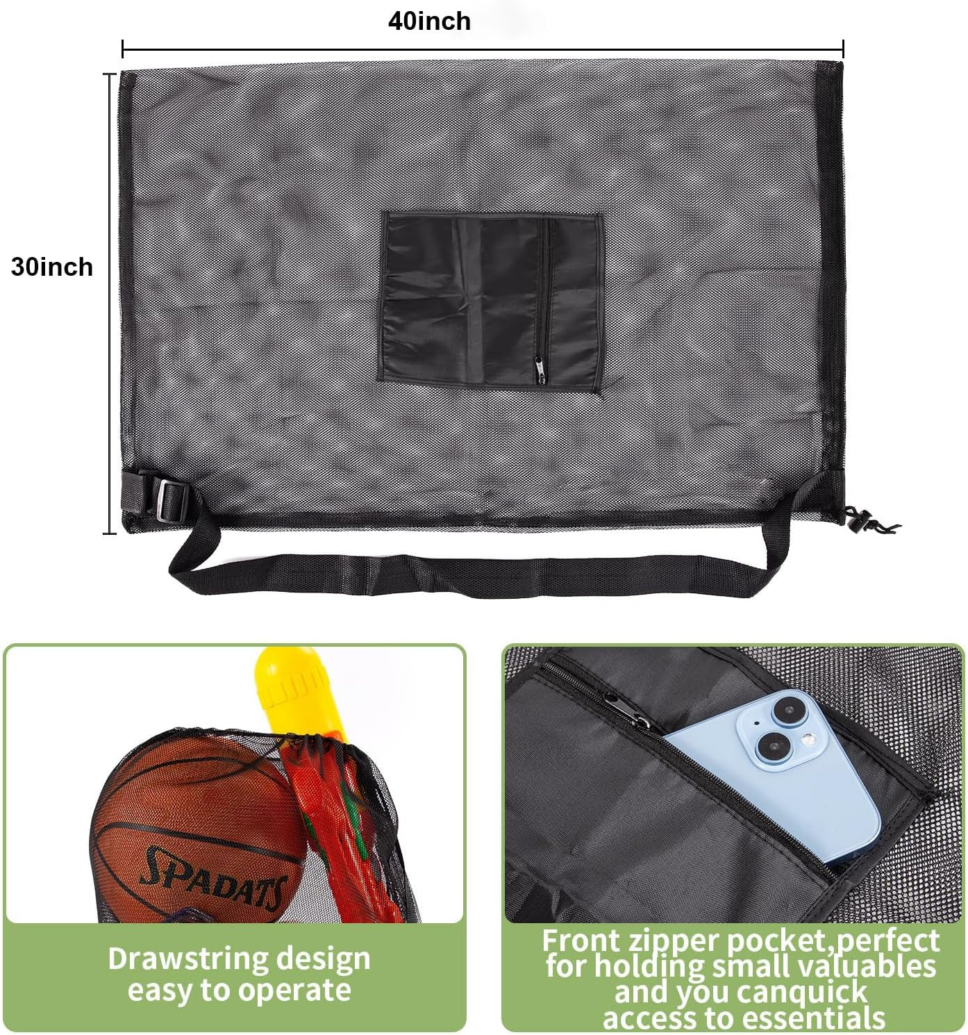 Extra Large Ball Bag Mesh, 101.6 X 76.2 Cm Heavy Duty Sports Bag for Basketball Soccer Volleyball Football, Adjustable Shoulder Strap, Team Balls Equipment Carrier, 600D Heavy Duty Mesh (Large) image number 3