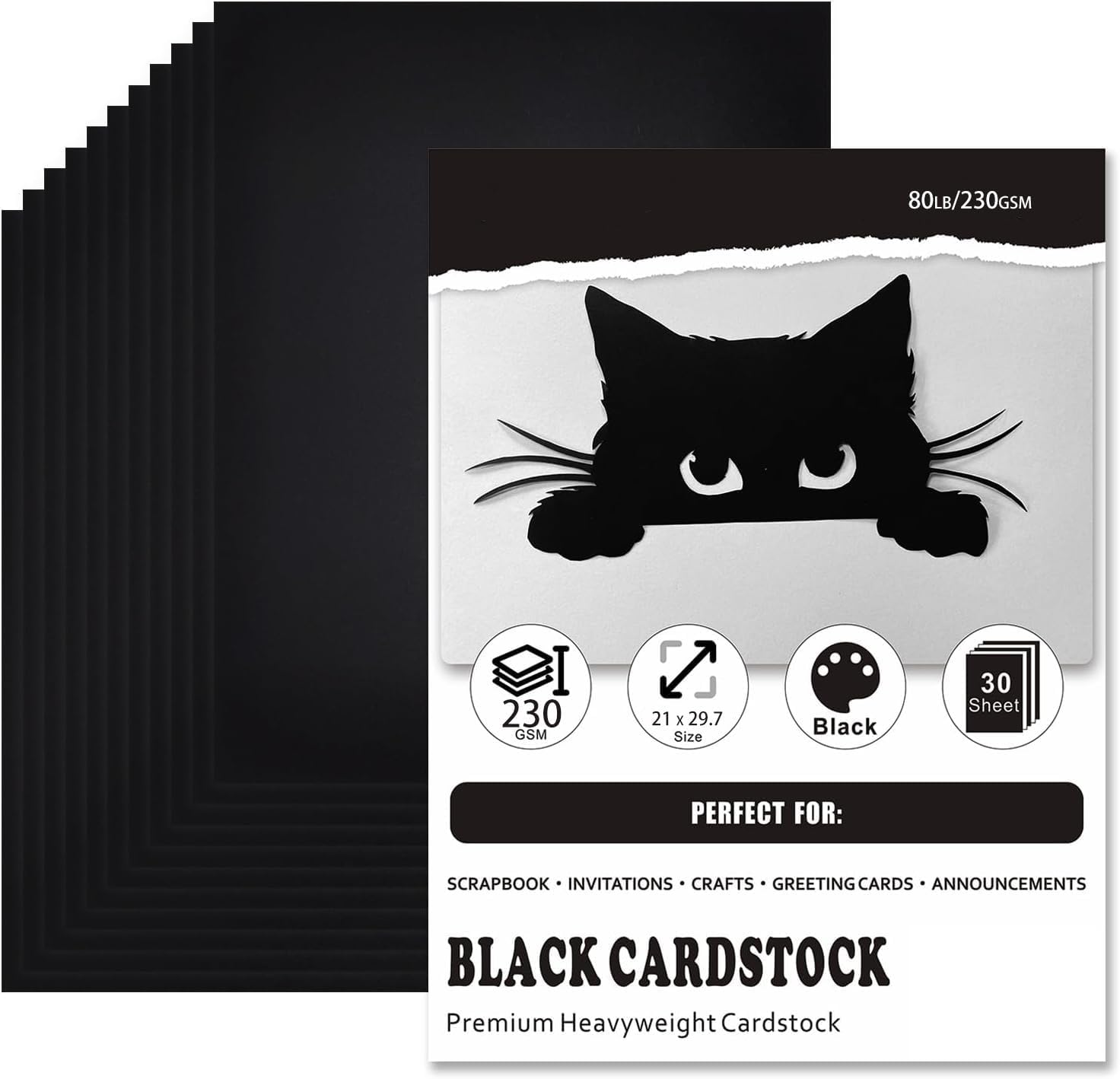 30 Sheets Black Cardstock A4 Craft Art Paper, 80Lb/235Gsm Card Stock Printer Paper for Drawing Halloween, Invitations, Scrapbooking, Crafts, DIY Cards image number 3