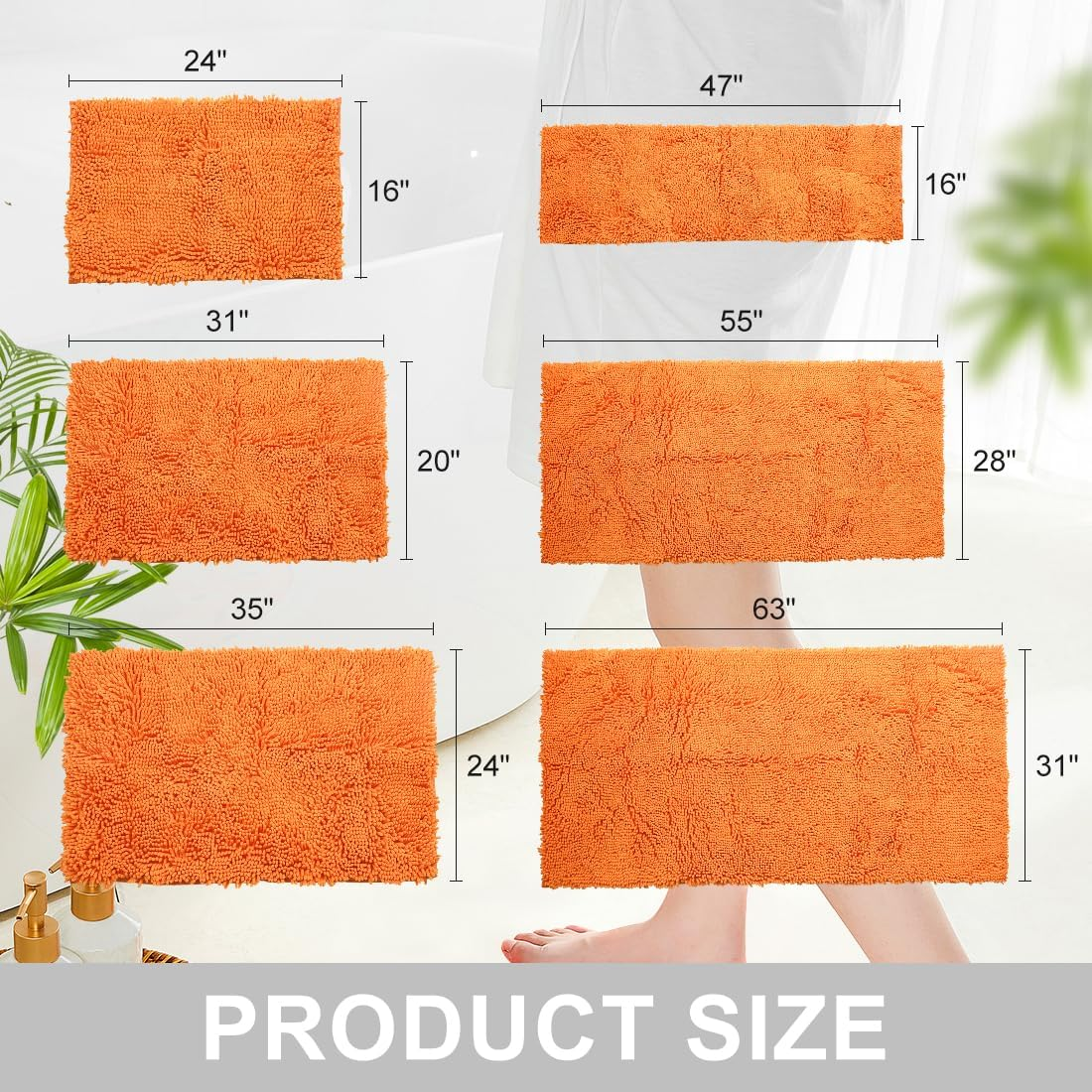 Vctops Orange Fall Plush Chenille Bath Rugs Extra Soft and Absorbent Microfiber Shag Rug, Non-Slip Runner Carpet for Tub Bathroom Shower Mat Orange 24" X 35" image number 6