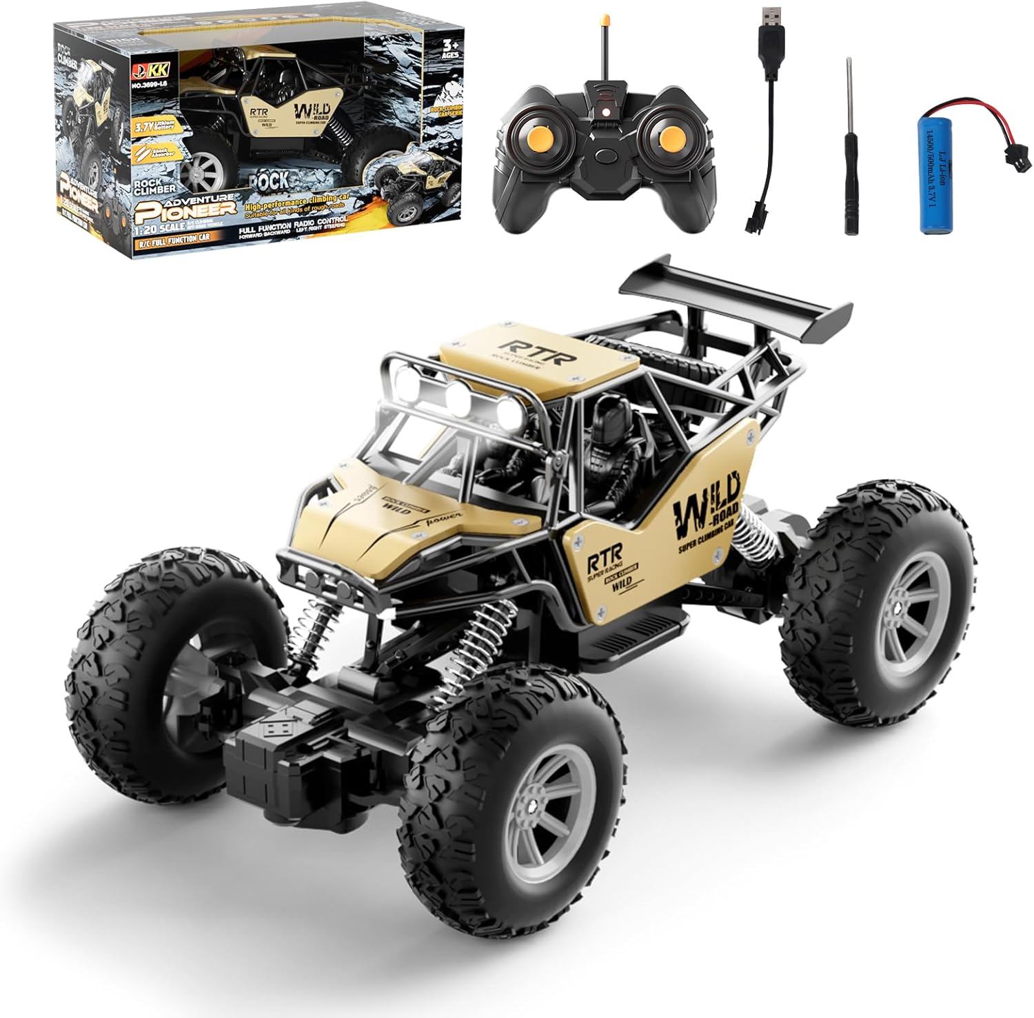 Remote Control Car for Kids,1:20 Scale RC Monster Trucks,Metal Shell 4WD LED Headlight RC Off-Road Vehicle for All Terrain Rock Climb Car for Kids Boys Toys (Gold)