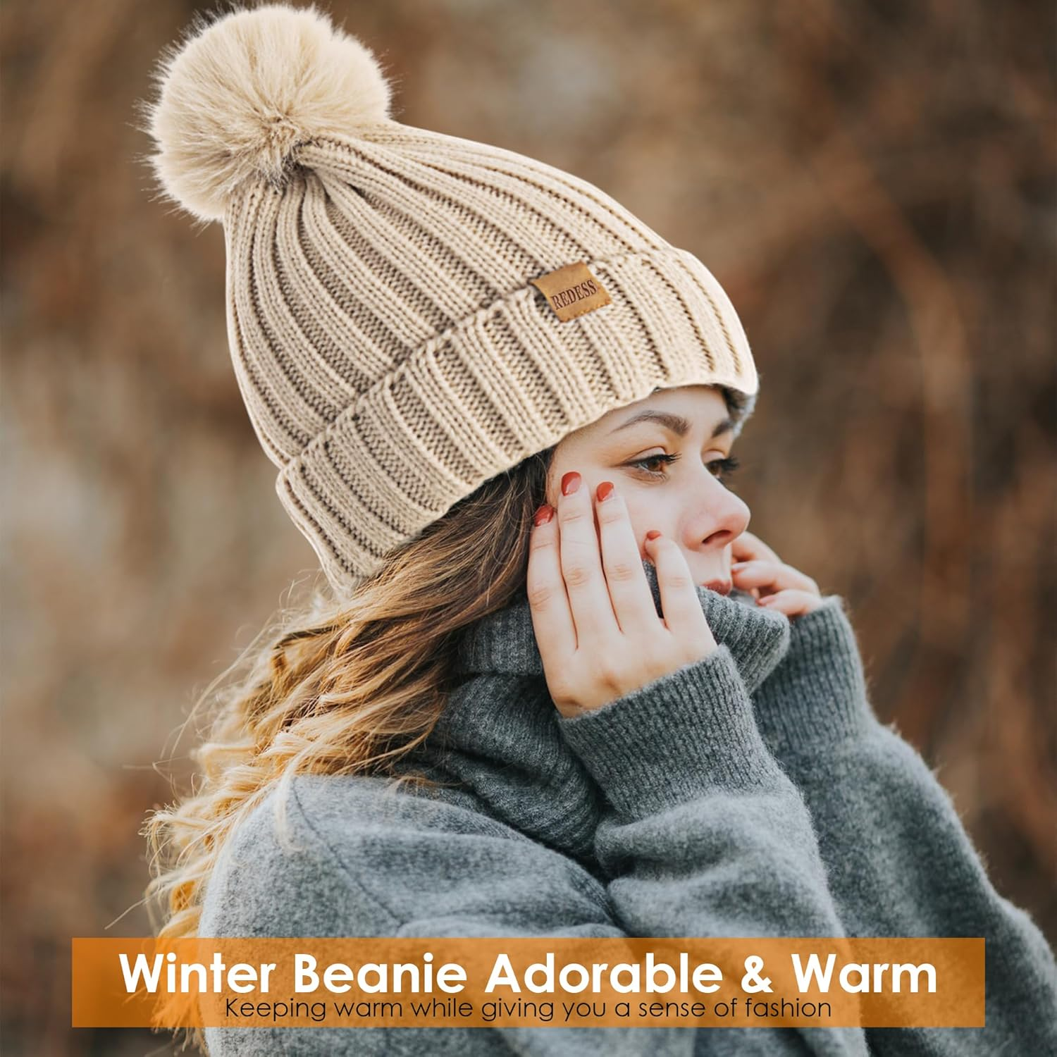 REDESS Womens Winter Knitted Beanie Hat Warm Fleece Lined with Pompom Cap Thick Slouchy Snow Knit Skull Ski Cap