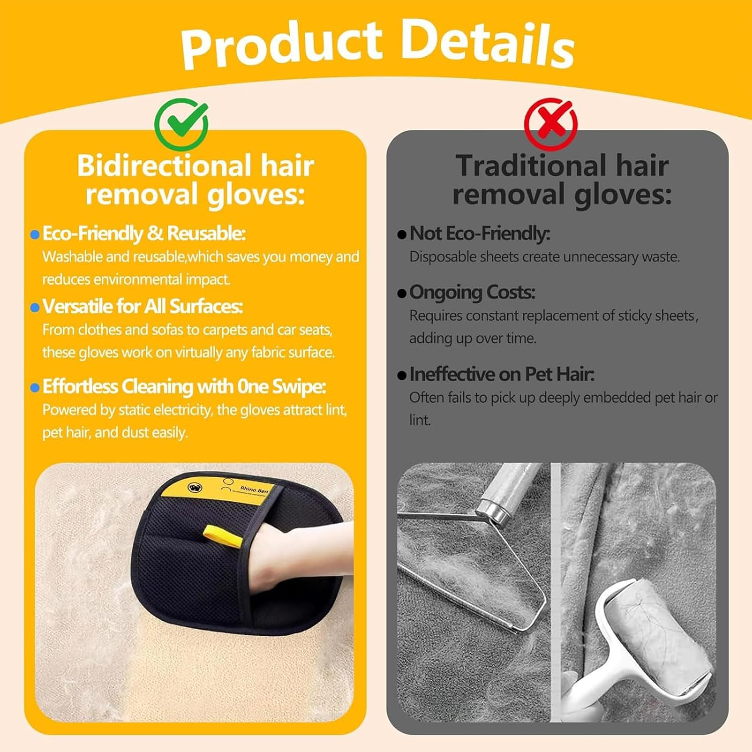 Pack of 3 Pet Hair Remover Gloves, Self-Cleaning Flea Comb for Pets, Electrostatic Pet Hair Removal Gloves, Grooming Gloves for Dogs, Cats, for Sofas, Bedding, Carpet image number 6