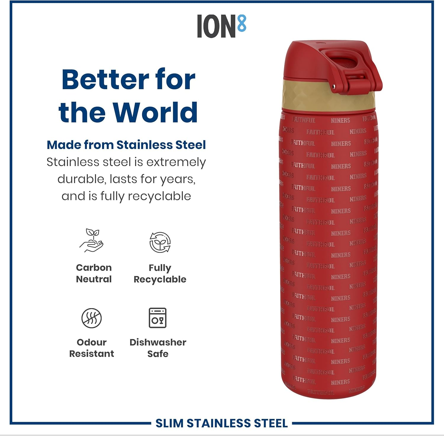 Ion8 NFL 49Ers Lightweight Steel Water Bottle, 600 Ml/20 Oz, Non-Insulated, Leak Proof, Easy to Open, Secure Lock, Dishwasher Safe, Flip Cover, Fits Cup Holders, Metal Water Bottle image number 3