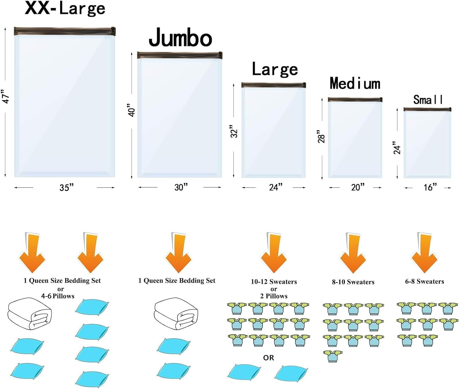 Vacuum Storage Bags (3 X Jumbo, 3 X Large, 3 X Medium, 3 X Small), Space Saver Sealer Compression Bags with Travel Hand Pump for Blankets, Comforters, Pillows, Clothes Storage image number 4