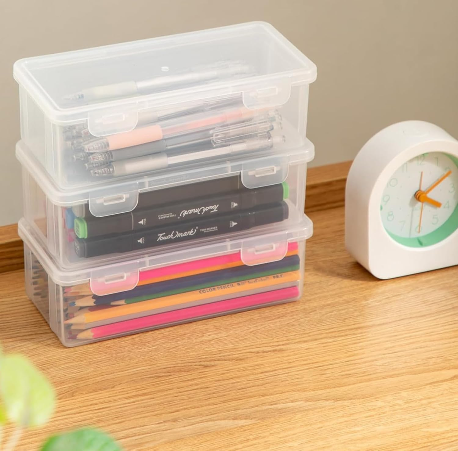 4 Pcs Plastic Large Storage Containers with Lid for Office Supplies, Pencil Box, Art Supplies, Makeup, Crafts and and Charger Cable Cord