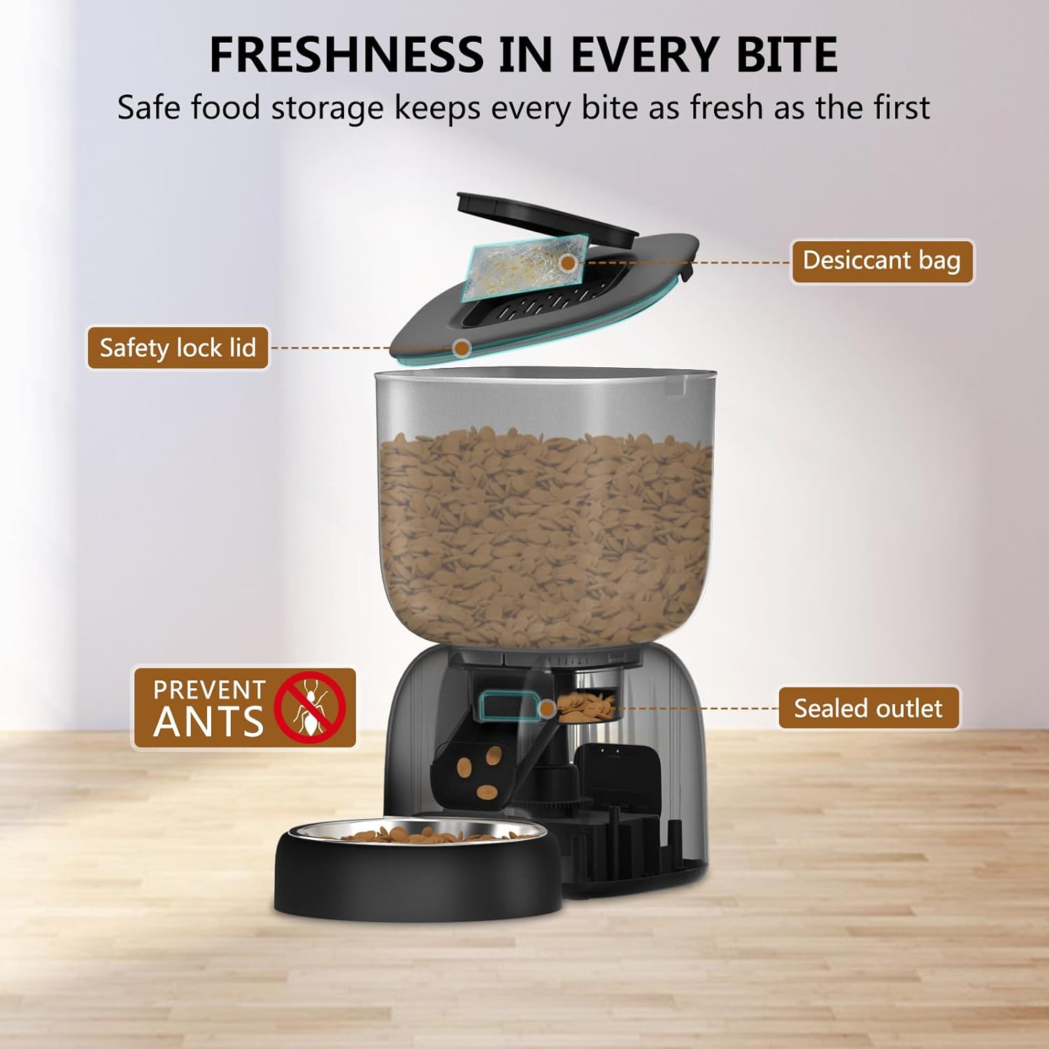 Automatic Cat Food Dispenser and Water Fountain Cat Combo, Battery Life up to 180 Days, Voice Recording 10S, 3L Automatic Bowl and 2L Fountain (Black) image number 2