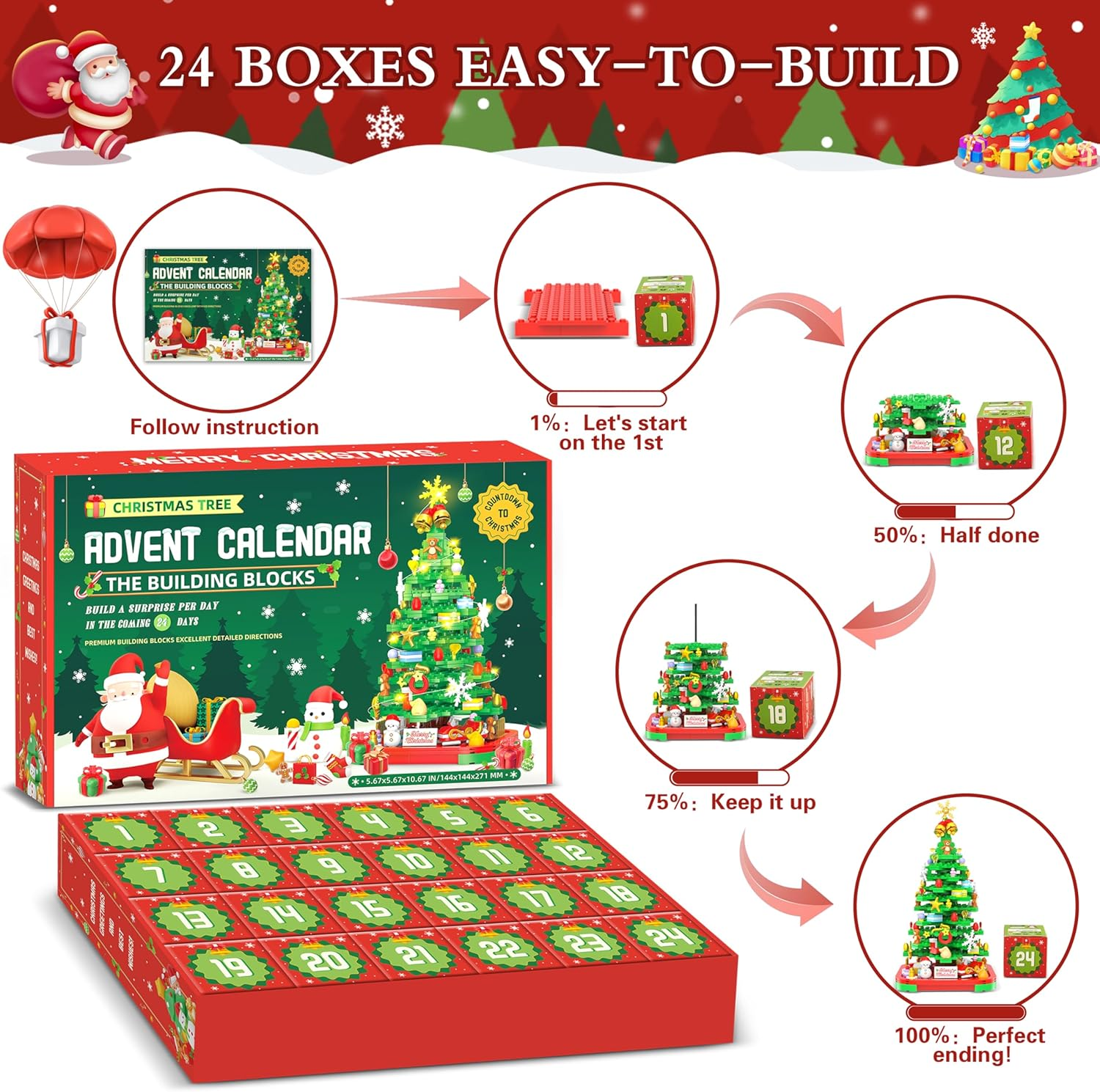 Advent Calendar 2025 Building Blocks Kit - Christmas Tree, 24 Days Countdown Toys Building Set with Light, Christmas Tree Building Toys XMAS Gifts for Kids Adults image number 1