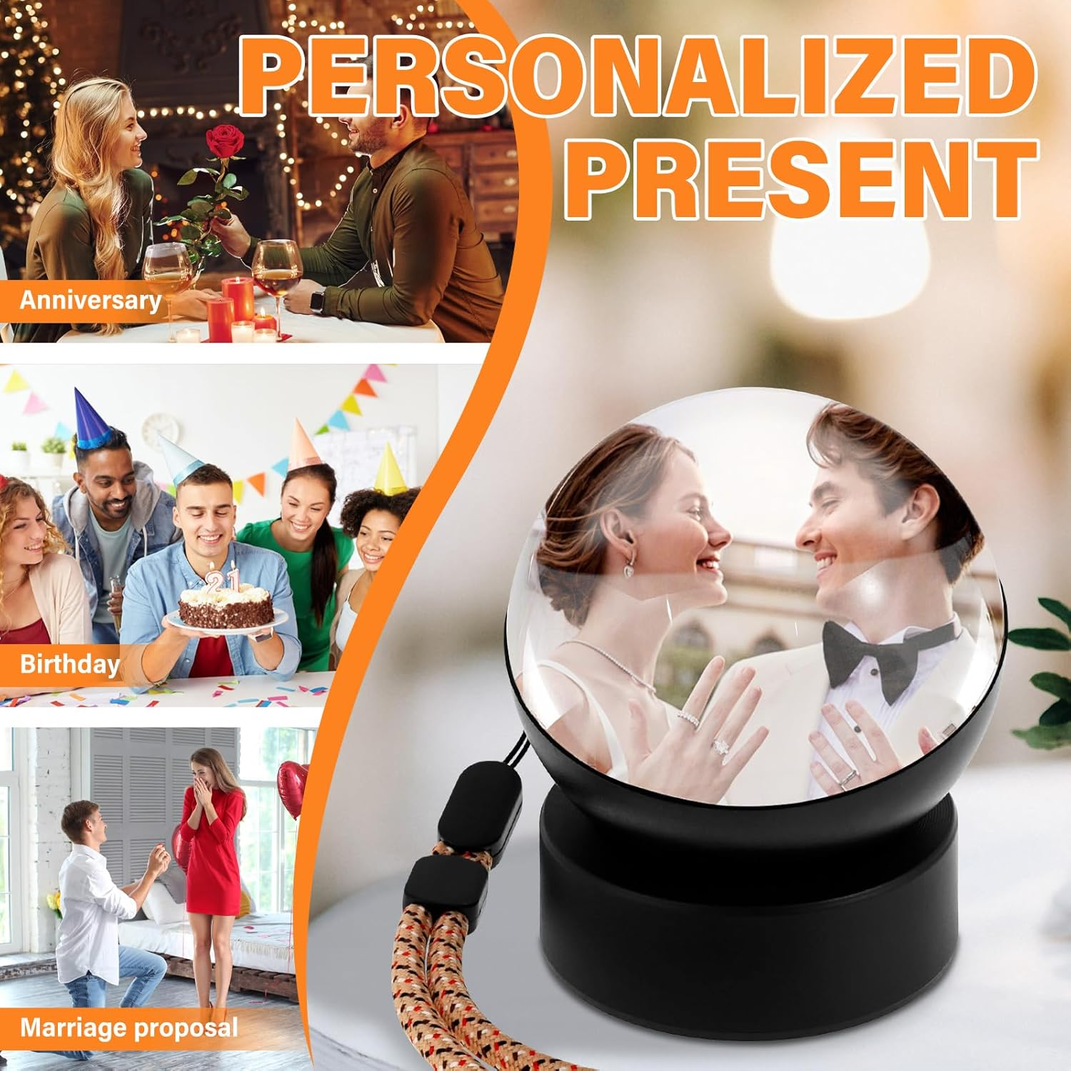 3D Memory Orb Video Crystal Ball Memory Sphere Lamp Rechargeable 180&deg; Wide Angle Video Player Ball with Base for Couples, Pets, Memories, Anniversary, Birthday (Black) image number 4