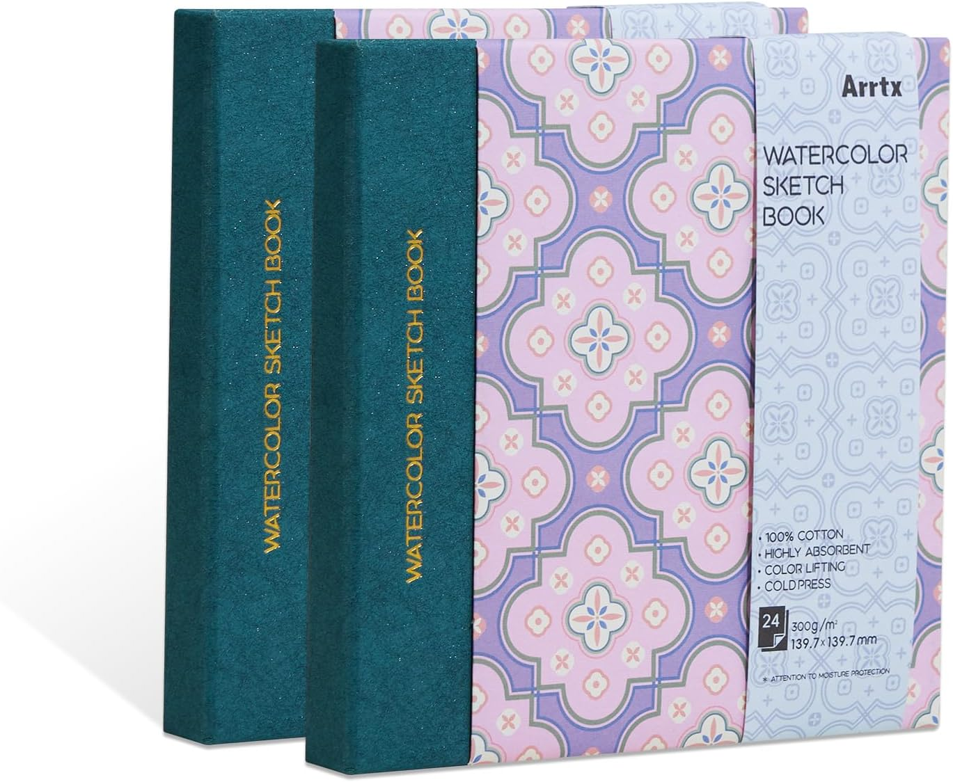 2 Pack Arrtx Square Watercolor Sketchbook, 5.47X5.47'', 140 LB, 300 GSM, 100% Cotton Paper, Cold Press, 48 Sheets, Hardcover Watercolor Journal for Use as Travel Notebook for Artists Adults Students image number 6