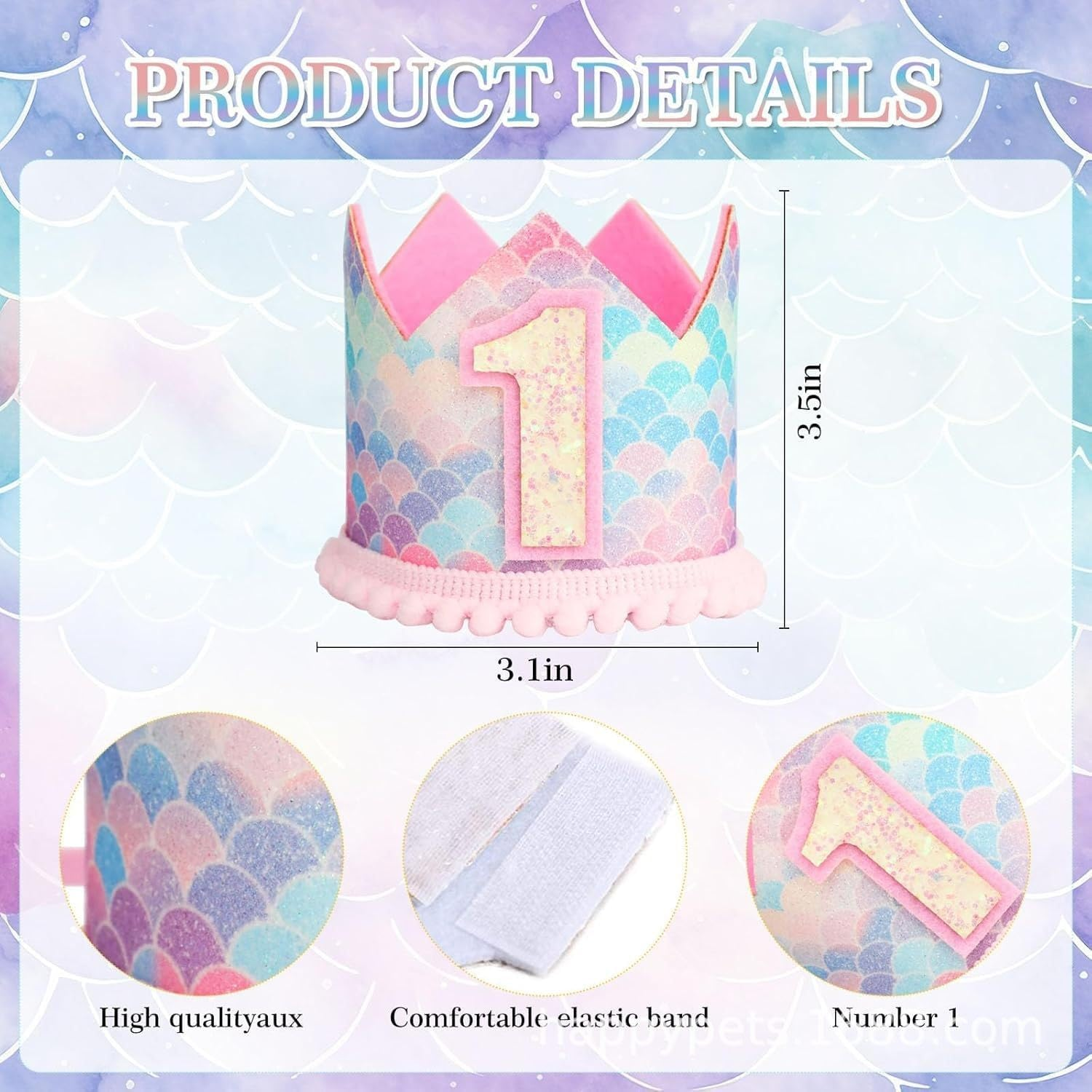 Mermaid 1St Crown Birthday Hat Mini Crown Party Decorations 1St Hat for Baby Girls Birthday Party Supplies (1) image number 6