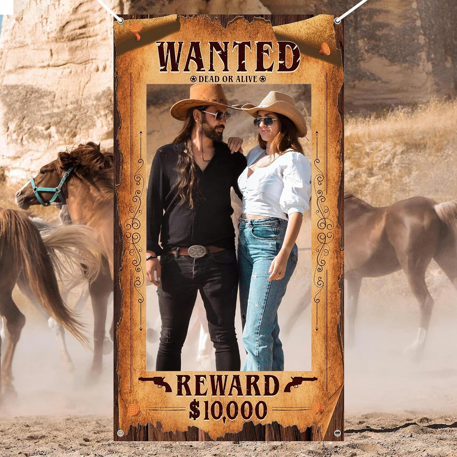 YQUQWN Western Wanted Photo Booth Props Wild West Party Decorations Western Cowboy Rodeo Theme Party Decoration Supplies Cowboy Rodeo Banner Photo Frames for Wild West Birthday Rustic Party Supplies