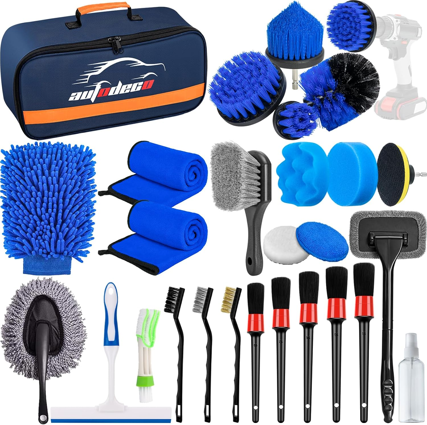 AUTODECO 37Pcs Car Detailing Brush Set, Car Detailing Kit, Auto Detailing Drill Brush Set, Car Detailing Brushes, Car Wash Cleaning Tools Kit with Car Vacuum for Interior, Exterior, Wheels, Blue