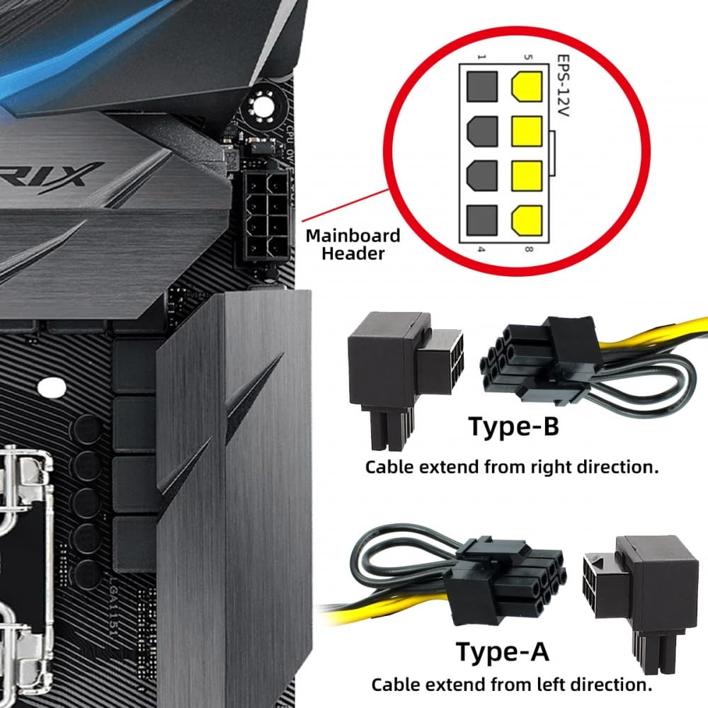 Cablecc 2Pcs/Lot 90 Degree up down Angled ATX 8P EPS Male to Female Power Header Adapter for CPU 12V image number 3