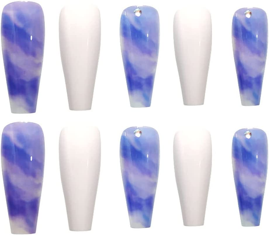 Fake Nails Long Coffin,Glossy Gradient Ballerina Blue False Nails with Rhinestone Design Full Cover Stick on Nails for Women and Girls 24 PCS image number 2