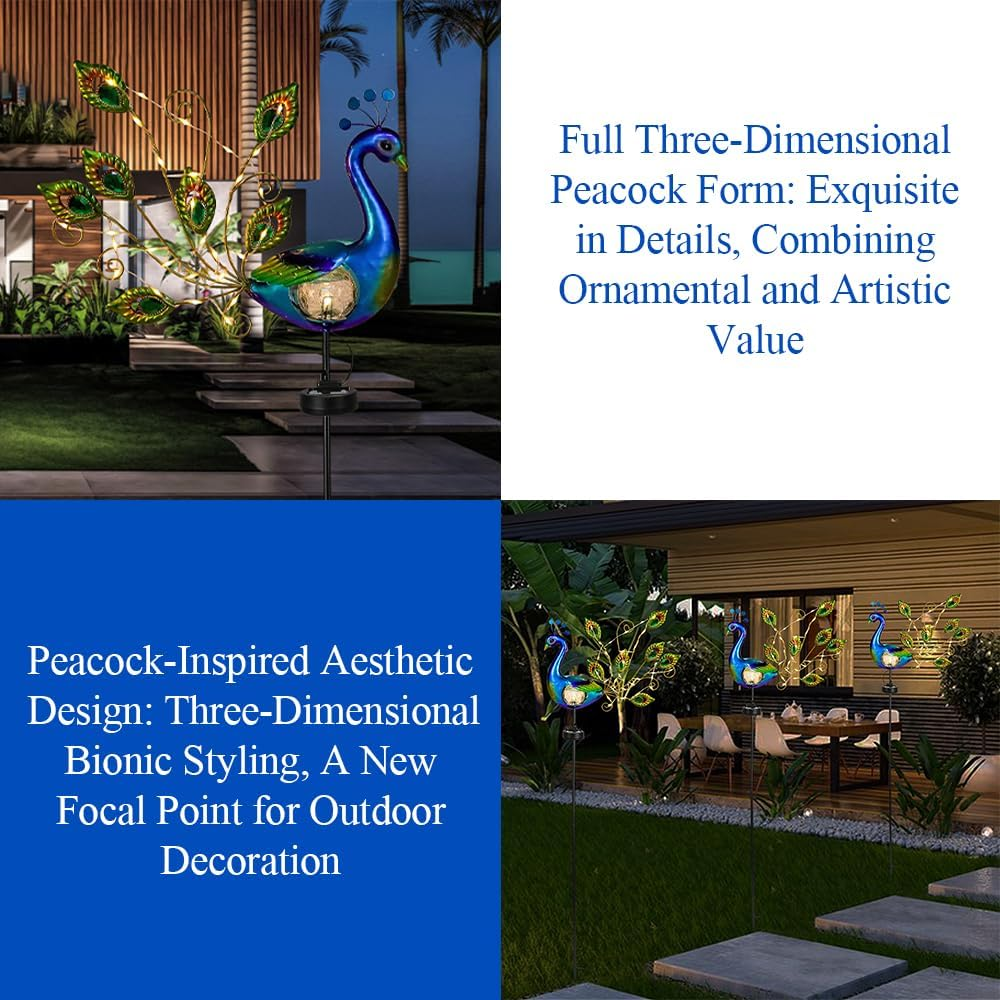 Solar Garden Lights, 3-In-1 Waterproof Solar Lights, with Peacock, Ground-Mounted Lawn Lights, Ambient Lighting, Decorative Lighting, Metal Lamp, Automatic Photosensitivity, for Garden, Yard, Patio