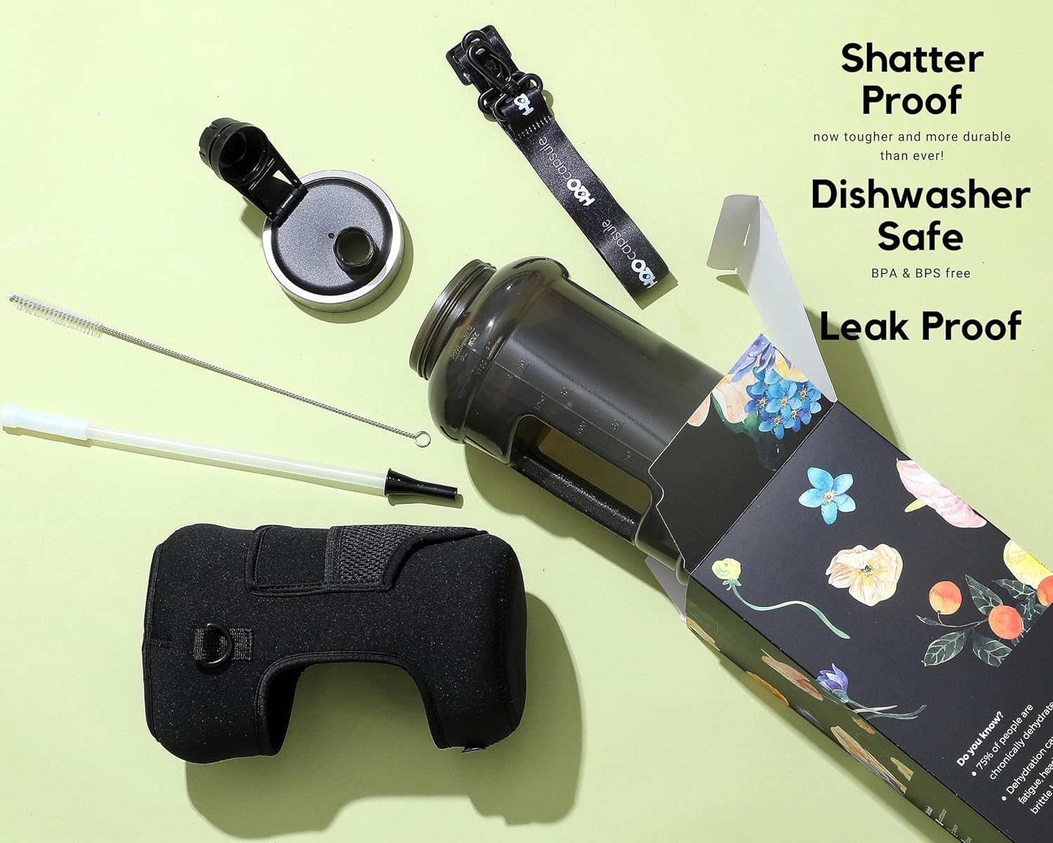 H2O Capsule 2.2L Half Gallon Wide Mouth Water Bottle with Storage Sleeve and Removable Straw - Hydration Tracker Jug with Measurements Marked &ndash; Shatterproof Bpa-Free, Jet Black - Check Mate image number 6