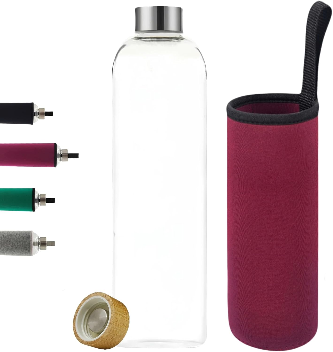 HENGFEI Glass Water Bottle with Bamboo Lid and Stainless Steel Lid (1000Ml, Burgundy Sleeve)