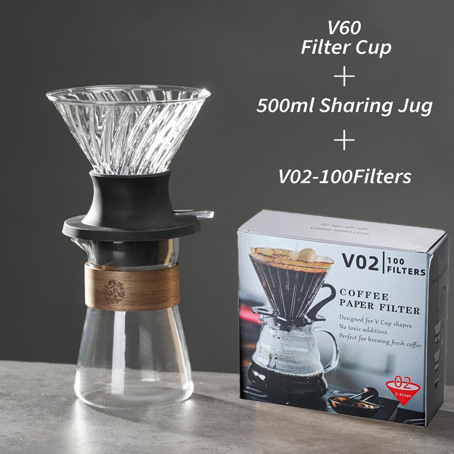 Pour over Coffee Maker, 18 Oz Borosilicate Glass Set with 100 Pcs V60 Paper Filter - Coffee Dripper with Control Buttons Allowing Coffee to Flow or Stay in Place, 1-3 Cups, Clear image number 6
