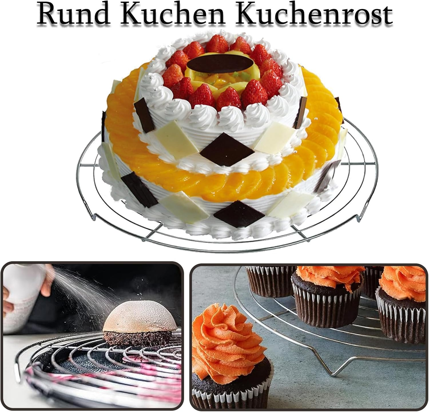 GANILITY round Cooling Rack, Pack of 3 Cooling Rack with 1 Piece Silicone Brush, 32 Cm round Cake Rack, Stainless Steel Cake Rack, Cooling Rack, Kitchen Accessories, for Cooling, Baking image number 2