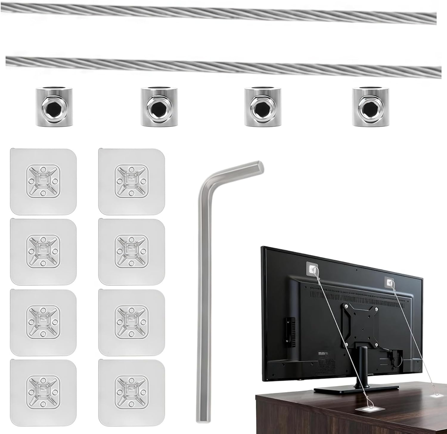 Adjustable Safety Straps (2 Pcs Steel Wire Rope+8Pcs Adhesive Pad),No-Drill Adhesive Anti-Tip Furniture Anchors Kit for Secure Flat Screens Fix to Wall,Cabinet,Dresser,Stand or Desk image number 3