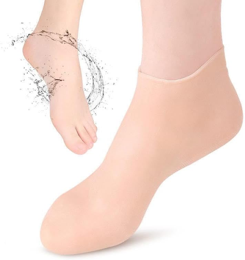 Ecosphere Finds Discovers Pink/ Beige Silicone Socks | Socks for Foot Spa and Foot Care with Moisturising Properties| Silicone Gel Heel Protectors in Plastic Socks | Dry Cracked Feet Women and Mens (Light Beige) image number 3