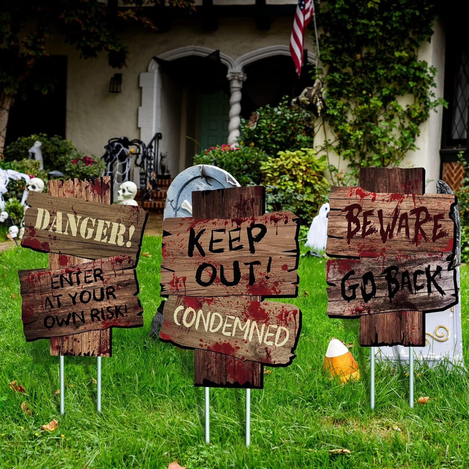 Halloween Decorations Outdoor Beware Yard Signs Stakes, Creepy Warning Blood Signs with Stakes for Halloween, Halloween Party Decor, Scary Zombie Vampire Grave Halloween Decoration image number 1