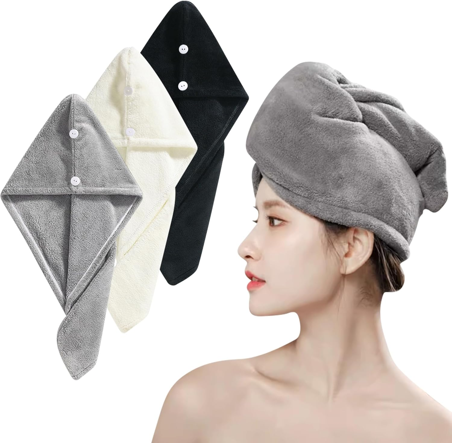 2 Pack Microfiber Hair Towel,Quick Dry Head Wraps Hair Towel Turban Wrap for Women Kids,25.6X9.8 Inch Super Absorbent Fast Hair Drying Towel with Button for Wet Curly Hair(Black)