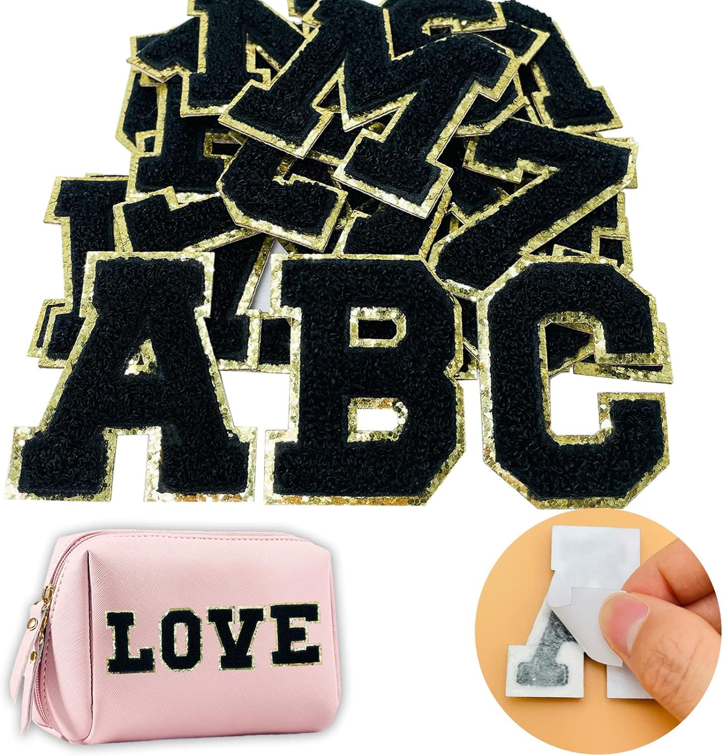 Jongdari Chenille Letter Patches Self-Adhesive & Iron-On Letters, 52Pcs Varsity Fuzzy Patch Glitter Alphabet - 26Pcs, Multicolored