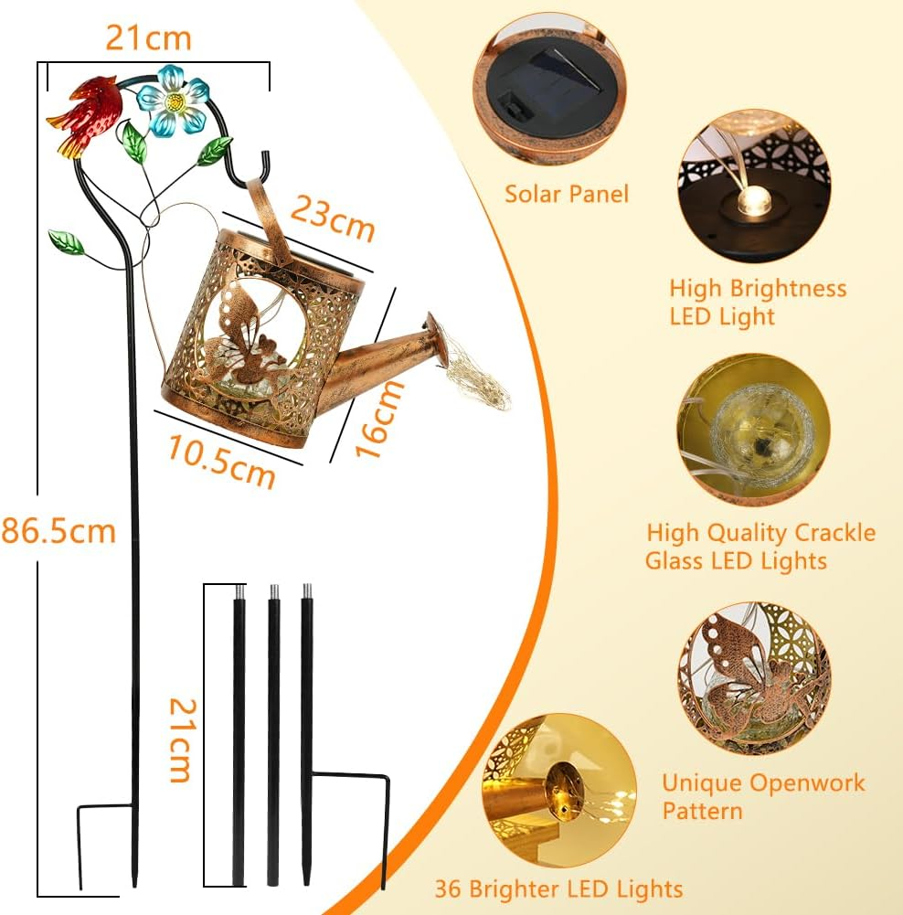 Vsshe Solar Watering Can Fairy Lights Outdoor Garden Decoration, LED Outdoor Solar Lights with Shepherd Hook for Outdoor Garden Waterproof Vintage Fairy Lights for Yard Path Balcony Patio Garden image number 2