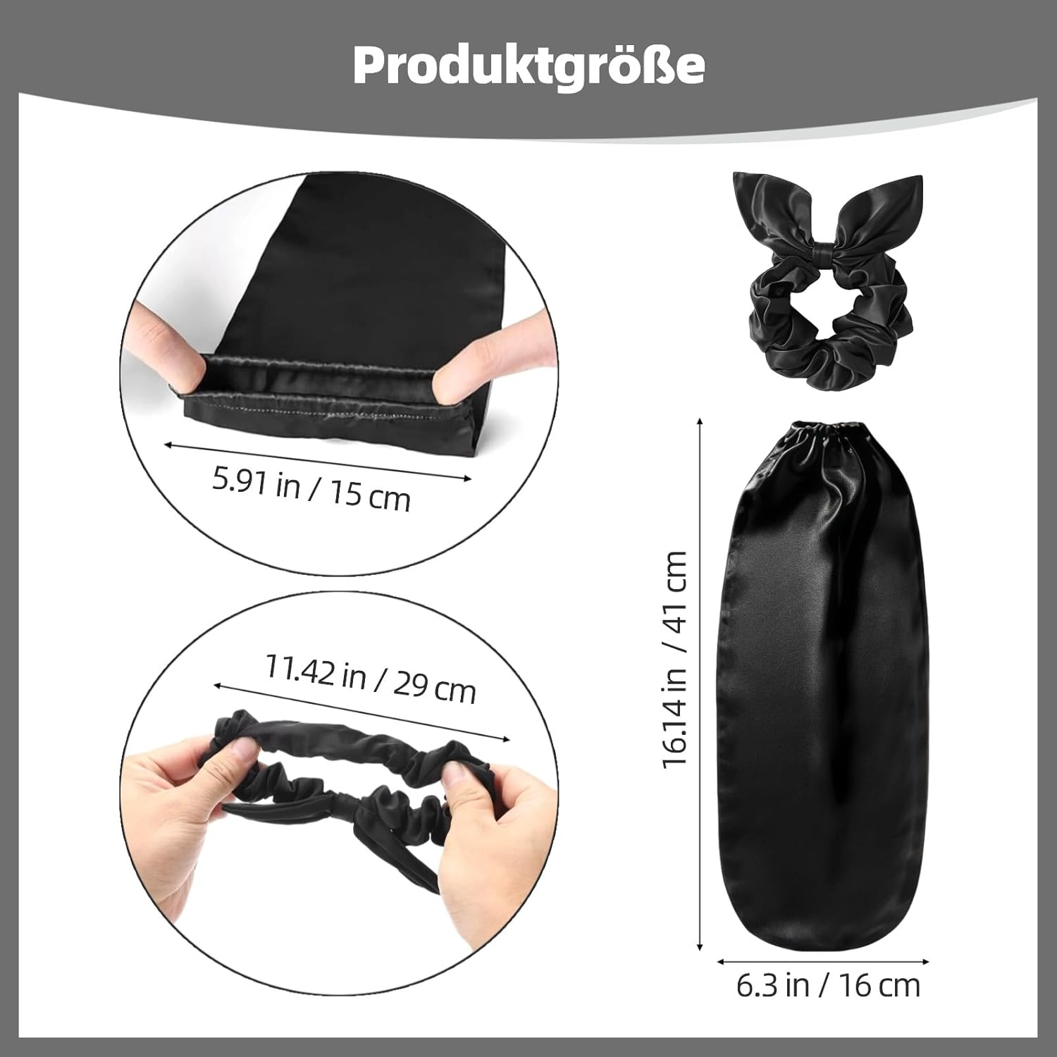 Satin Sleep Cap for Long Hair, 2 in 1 Silky Fabric Sleep Cap with Headband Hair Protection for Natural, Curly or Braided Hair, Black