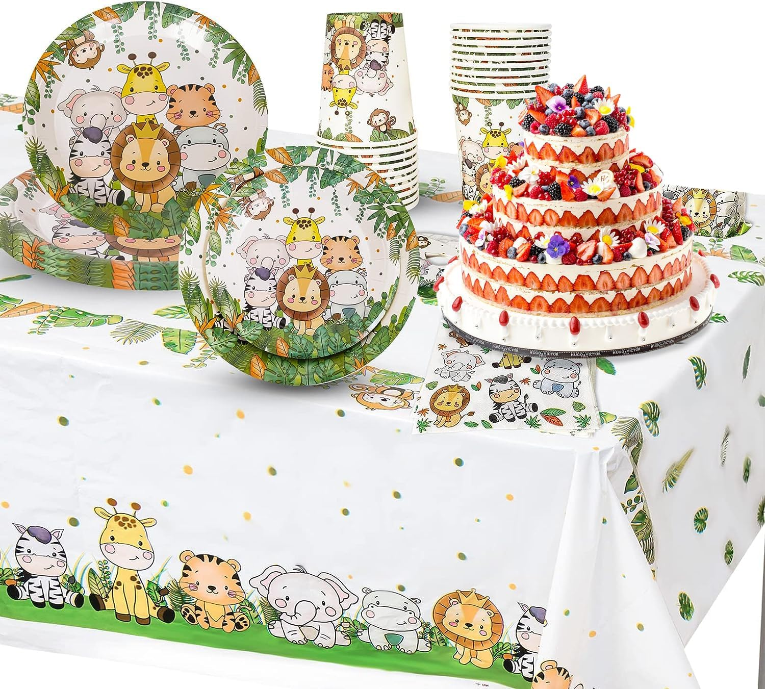 Safari Baby Shower Decorations, Jungle Animal Party Supplies Serves 20, Green Animals Tablecloth, Happy Birthday Banner, Balloons, Plates, Napkins, Cups for Baby Shower Safari Birthday Party Supplies image number 2