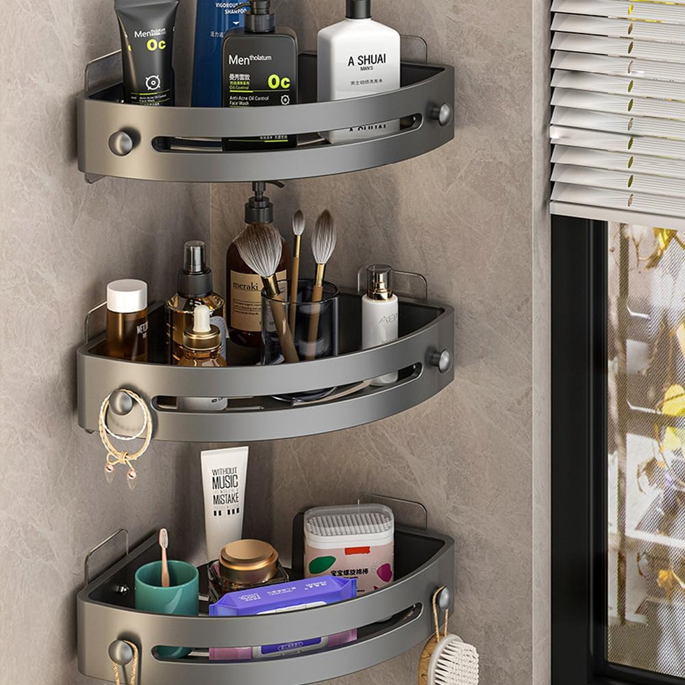 3-Piece Bathroom Shelves Storage Rack Shelf ABS Triangle Shower Caddy &ndash; Heavy Duty, Detachable with 2 Hooks &ndash; Bathroom Shelf for Shower Organization, Holds Shampoo, Conditioner, Razors, Soap image number 2