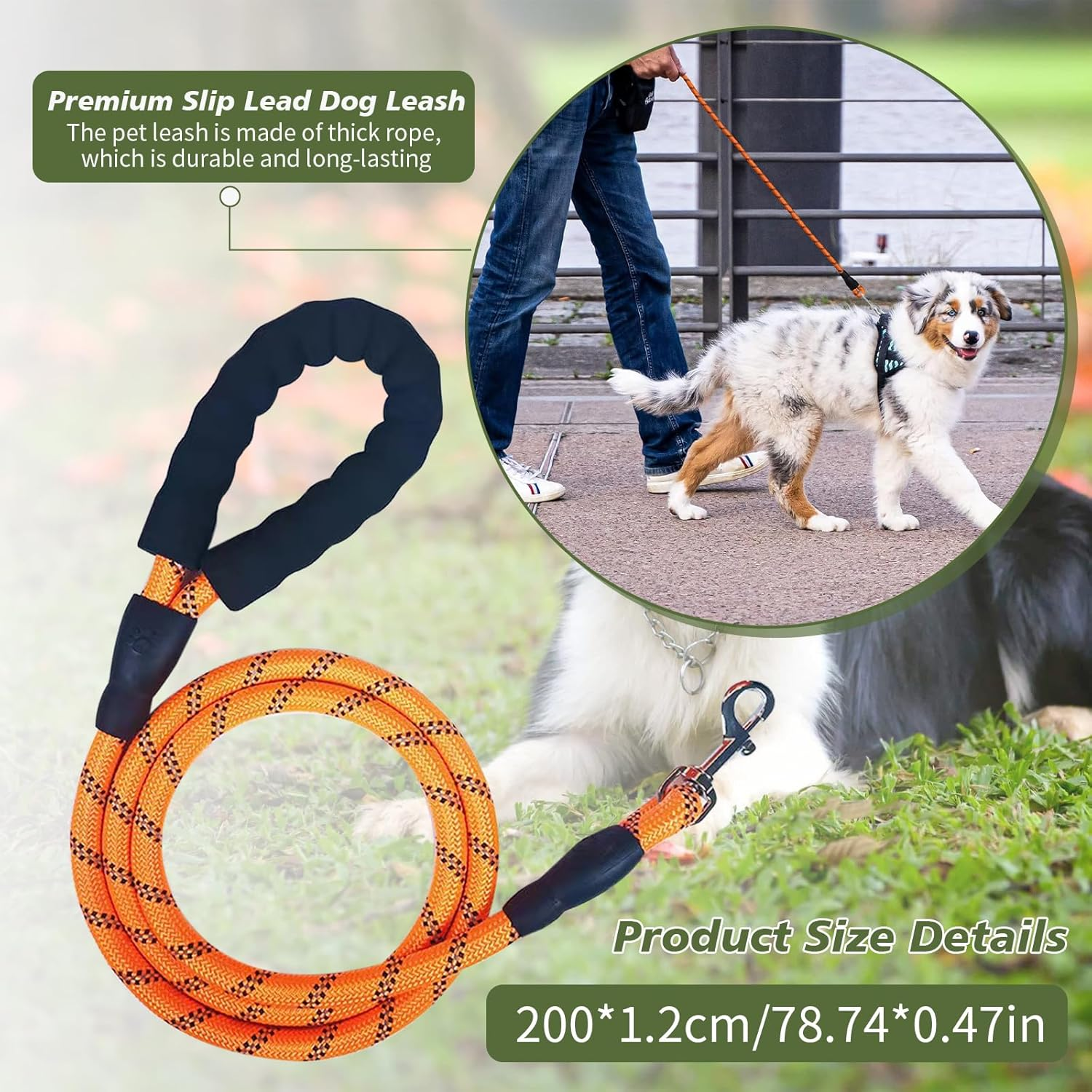 Premium Slip Lead Dog Leash - Heavy Duty 2M Rope Leash with Adjustable Slipknot, Thick & Sturdy Training Lead for Dogs/Puppies, No-Pull Pet Walking (Orange) image number 2
