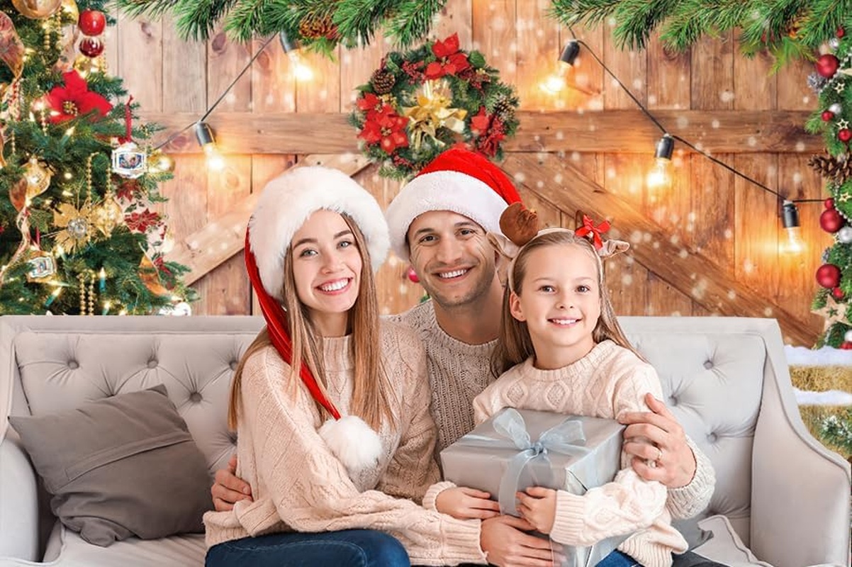 10X8Ft Christmas Barn Wood Door Backdrop Xmas Tree Rustic Wooden Snow Winter Wall Floor Party Photo Background for Holiday New Year Party Banner Family Holiday Party Supplies