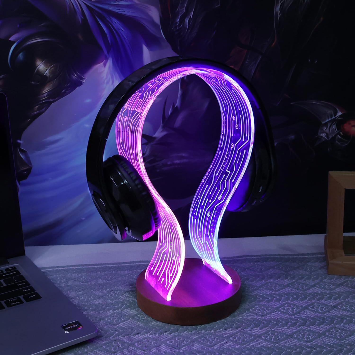 Yuandian Headphone Stand, Wood Headset Holder with Blue Pink LED Night Light for Gamers, Men, and Music Lovers - Desk Gift Idea - Pcb-Tray-Wooden Color image number 4