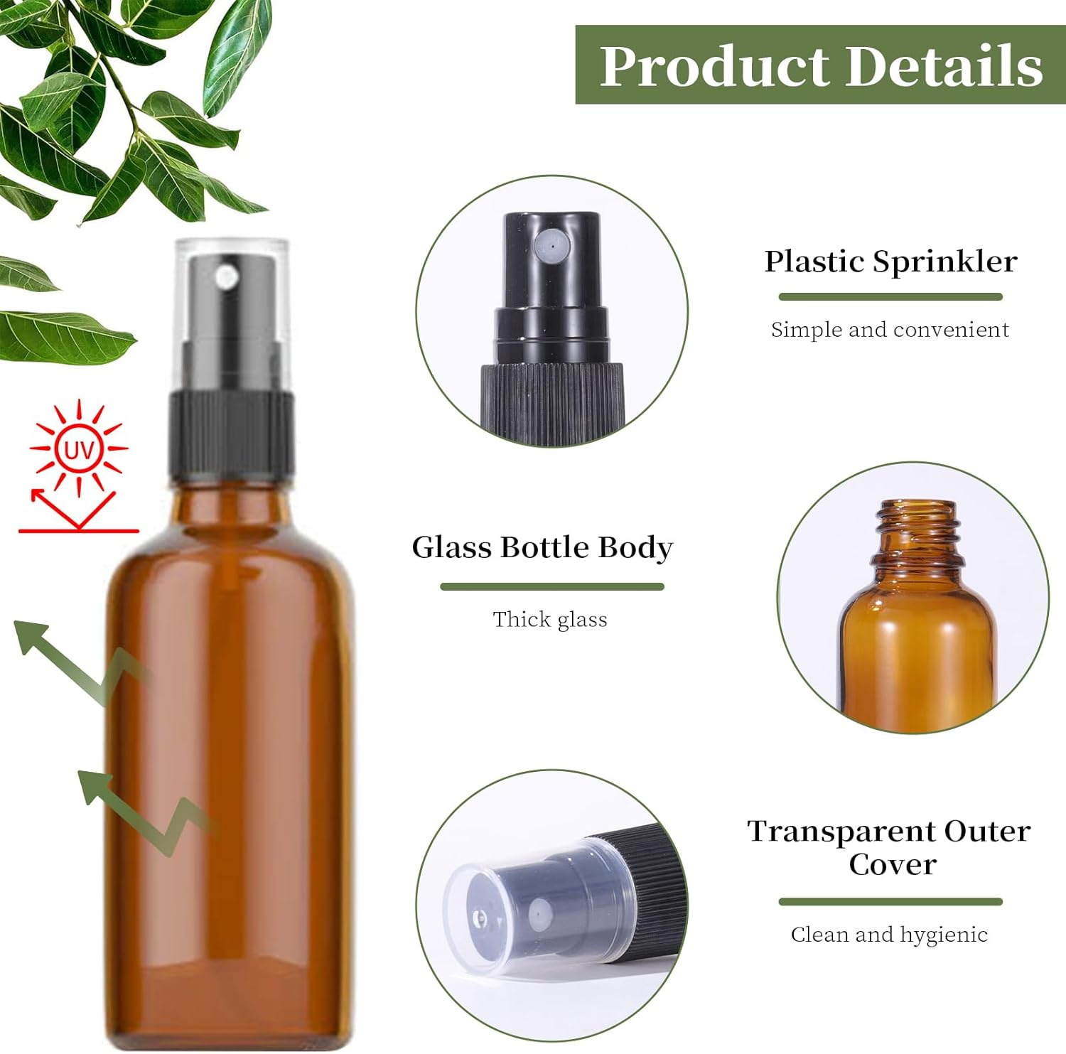 5 Pack Empty Amber Glass Bottles with Fine Mist Sprayer & Dust Cap, 50/100Ml Spray Roller Bottles, Refillable Glass Spray Bottles Containers for Essential Oil, Plants Water Cleaning Liquid (100ML) image number 5
