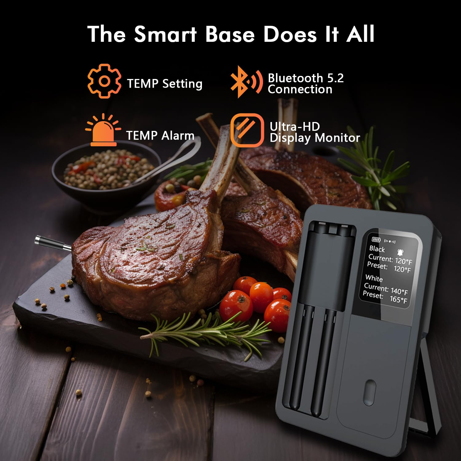 Wireless Bluetooth Smart Meat Thermometer: Standalone Base, Smart Thermometer with LCD Display, IP67 Waterproof Dual Probes, Smart APP Alert Perfect for BBQ, Grill, Oven, Smoker, Rotisserie and More image number 3