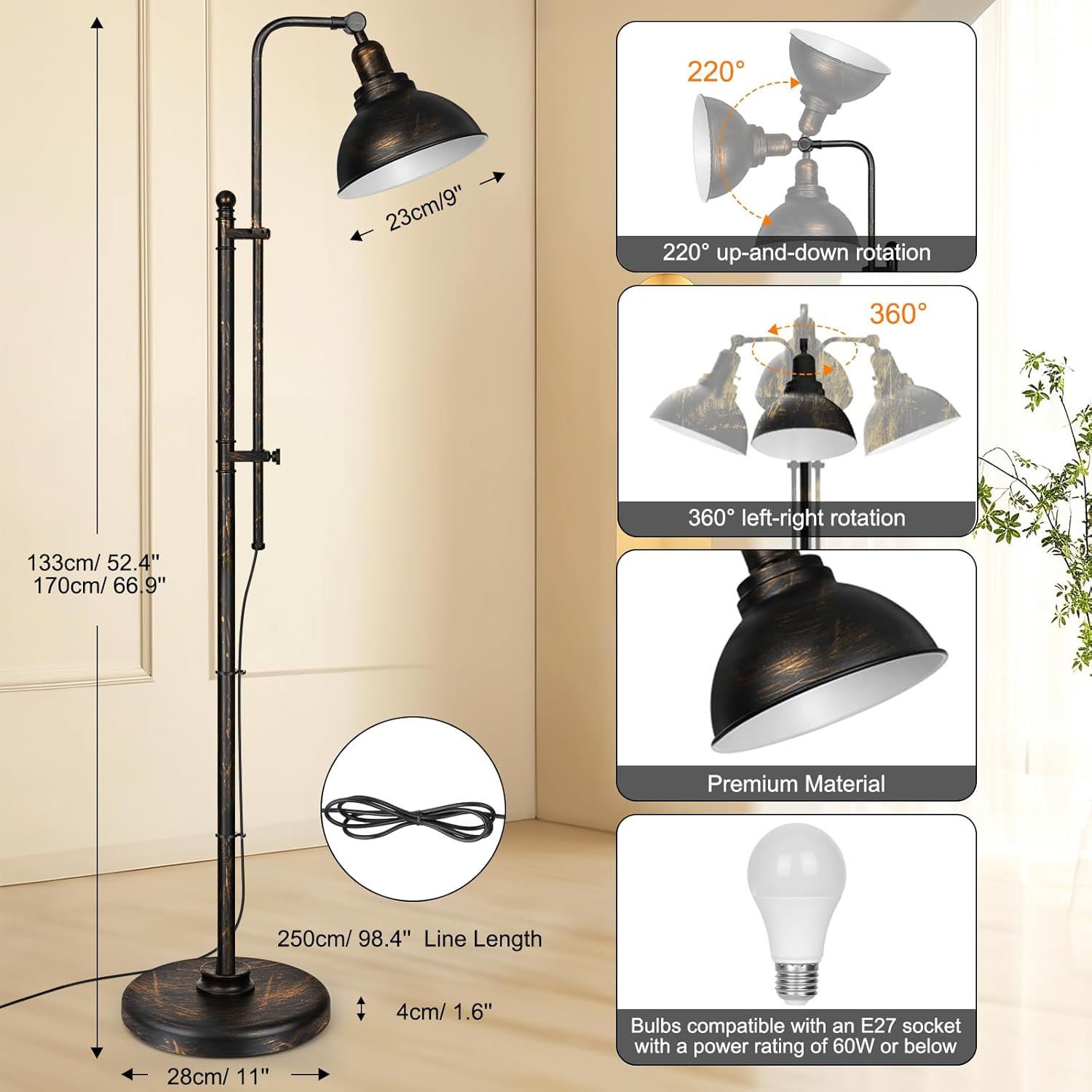 Industrial Floor Lamp for Living Room with 3 Color Temperatures, 67" Tall Standing Lamp with Extendable Pole & Adjustable Lampshade, Metal Bedside Reading Lamp for Bedroom Office Bookstore image number 1