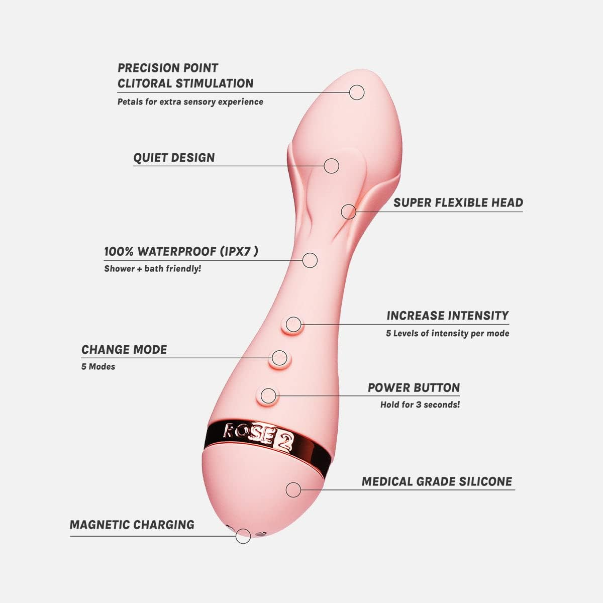 VUSH Rose 2 Precision Point Bullet Vibrator with Clitoral Stimulation - Flexible Tip, Waterproof, Rechargeable (Pink) image number 6