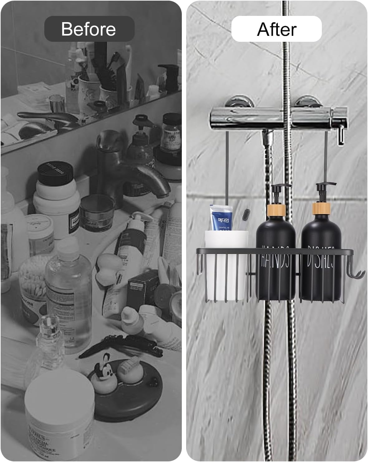 Hanging Shower Caddy for Bathroom Organizer, over the Shower Mixer Taps Hanging Shower Shelf without Drilling, Bathroom Caddy & Basket with 2 Hooks, Toiletries Organizer for Bathroom Storage - Black image number 4
