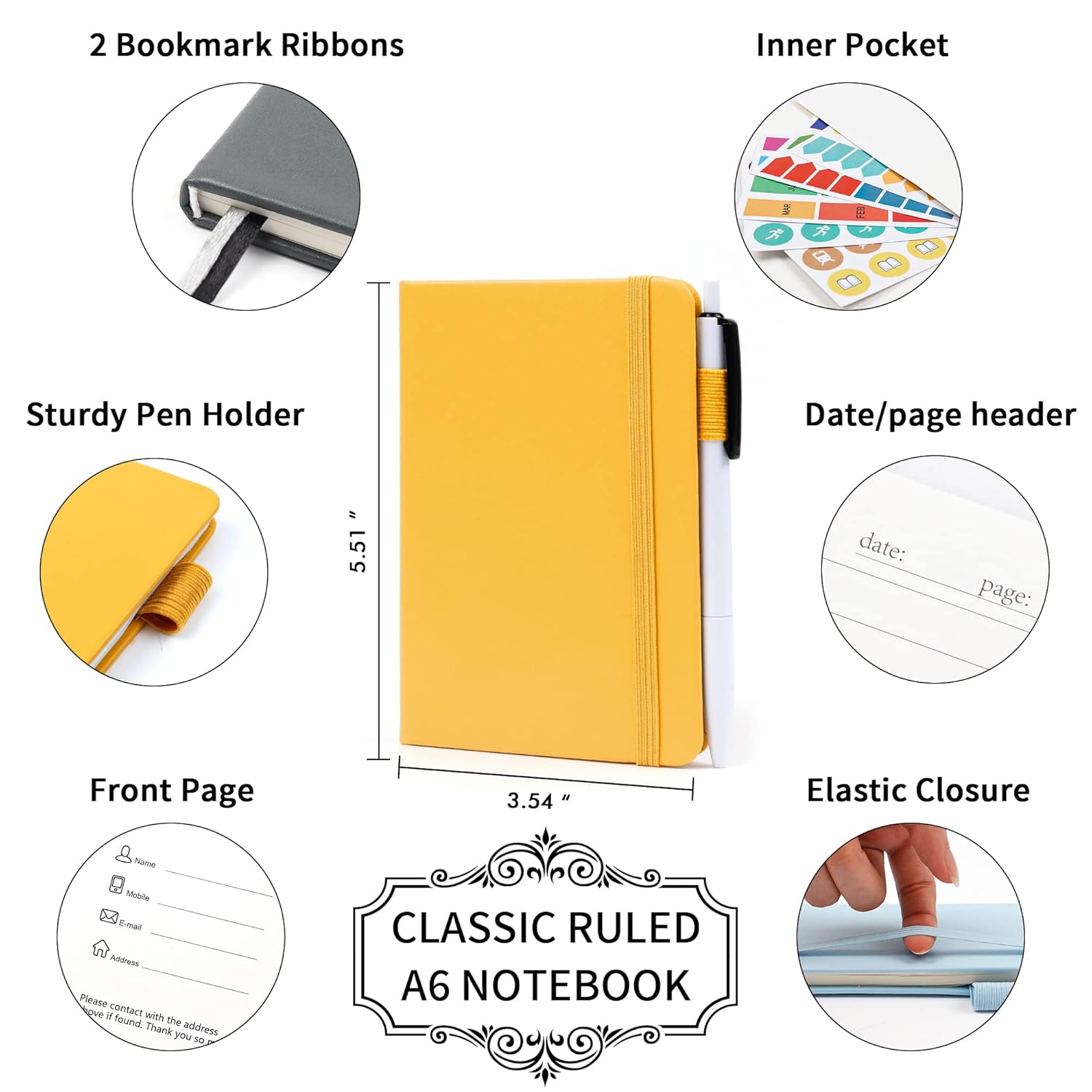 Feela Pocket Notebook Journals, Mini Cute Small Hardcover College Ruled Notepad Office School Supplies, with 3 Black Pens, 3.5&rdquo;X 5.5&rdquo;, 3 Pack, A6, Solid Colors, Gray, Yellow, Light Blue image number 5