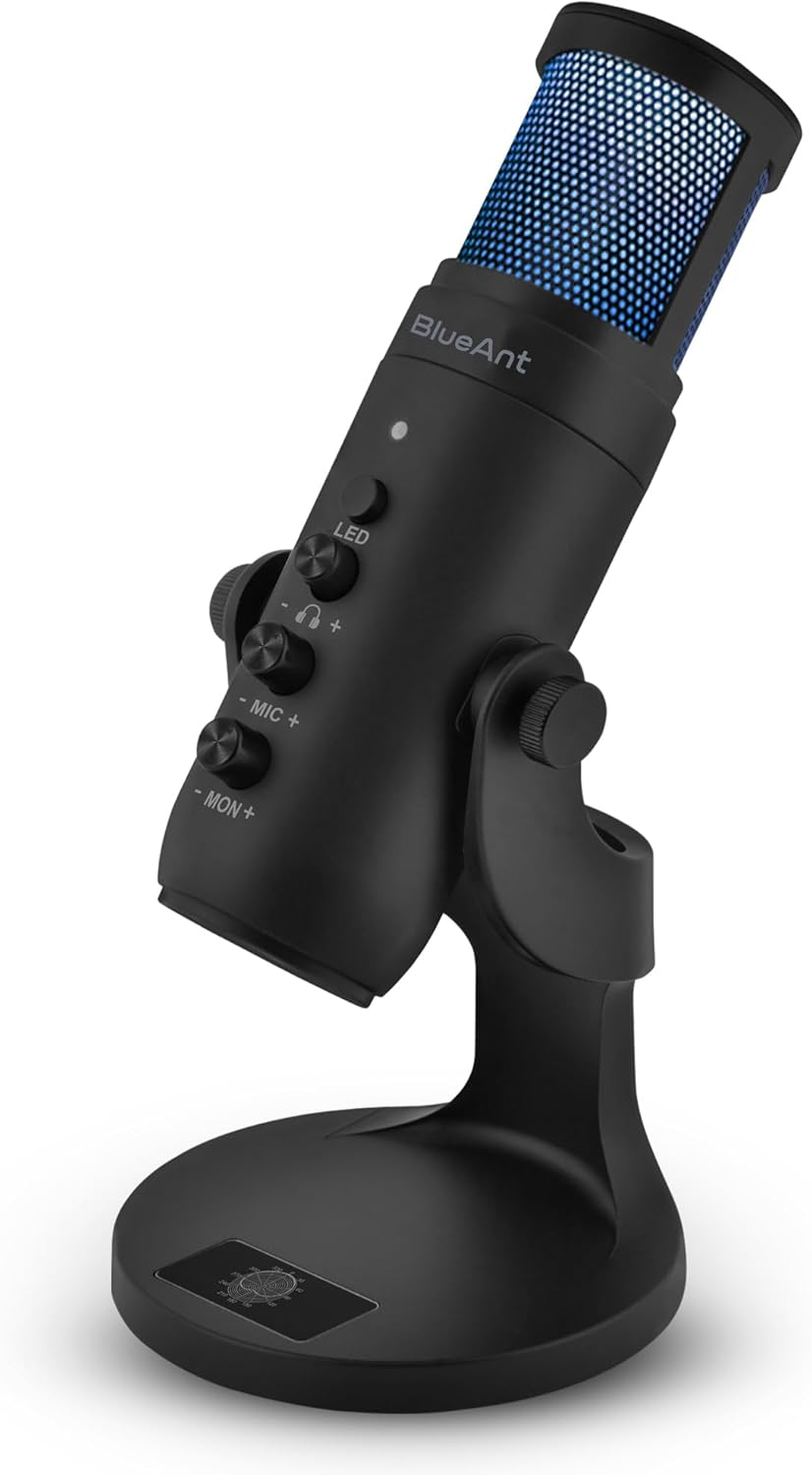 Blueant Stream X USB Microphone, Broadcast Quality Condenser Mic with Real-Time Monitoring, Plug-And-Play USB-C, Adjustable Stand for Streaming, Podcasting, Gaming & Calls, LED Lighting