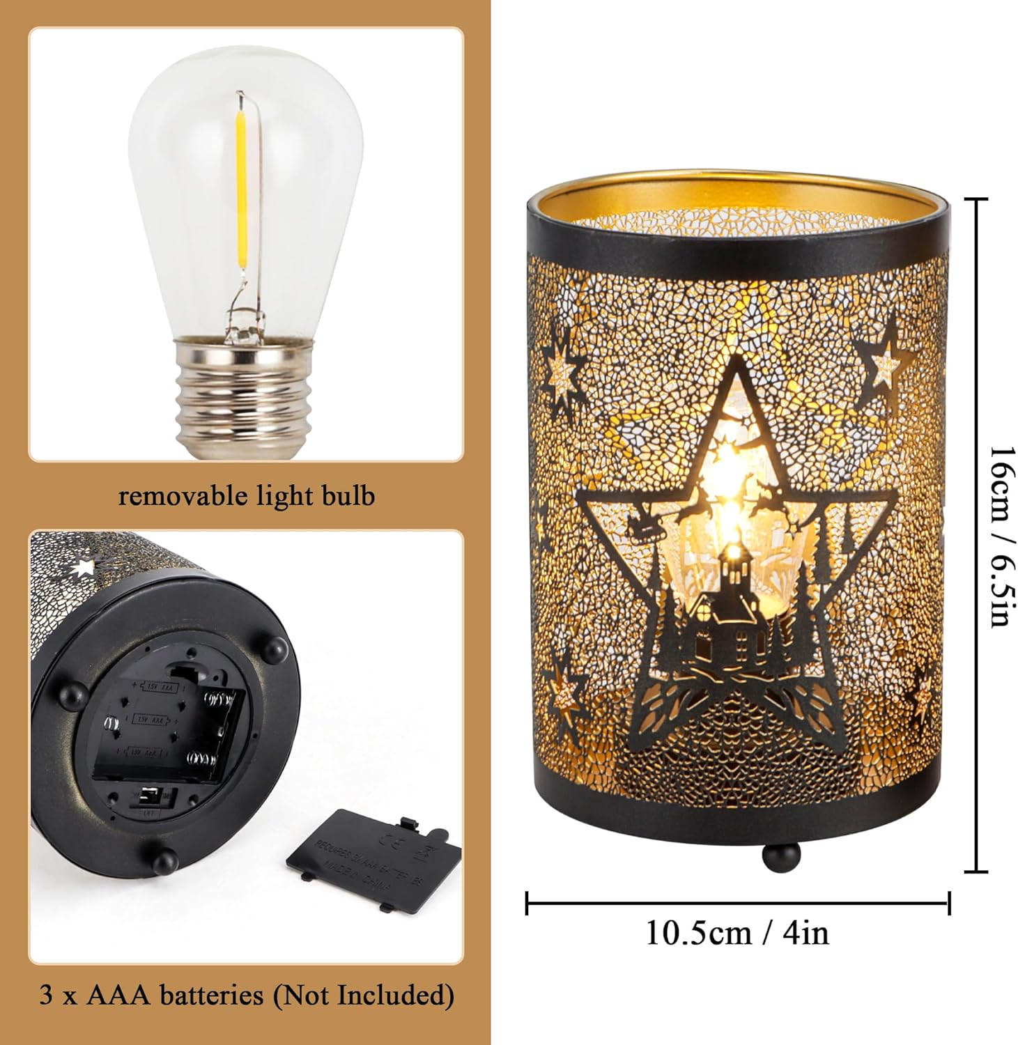 TRIROCKS Set of 2 Metal Table Lamp, Decorative Lantern with Cutout Star & Castle Design for Home, Living Room, Garden, Yard, Party, Events, Tabletop, Indoor（Black） image number 2