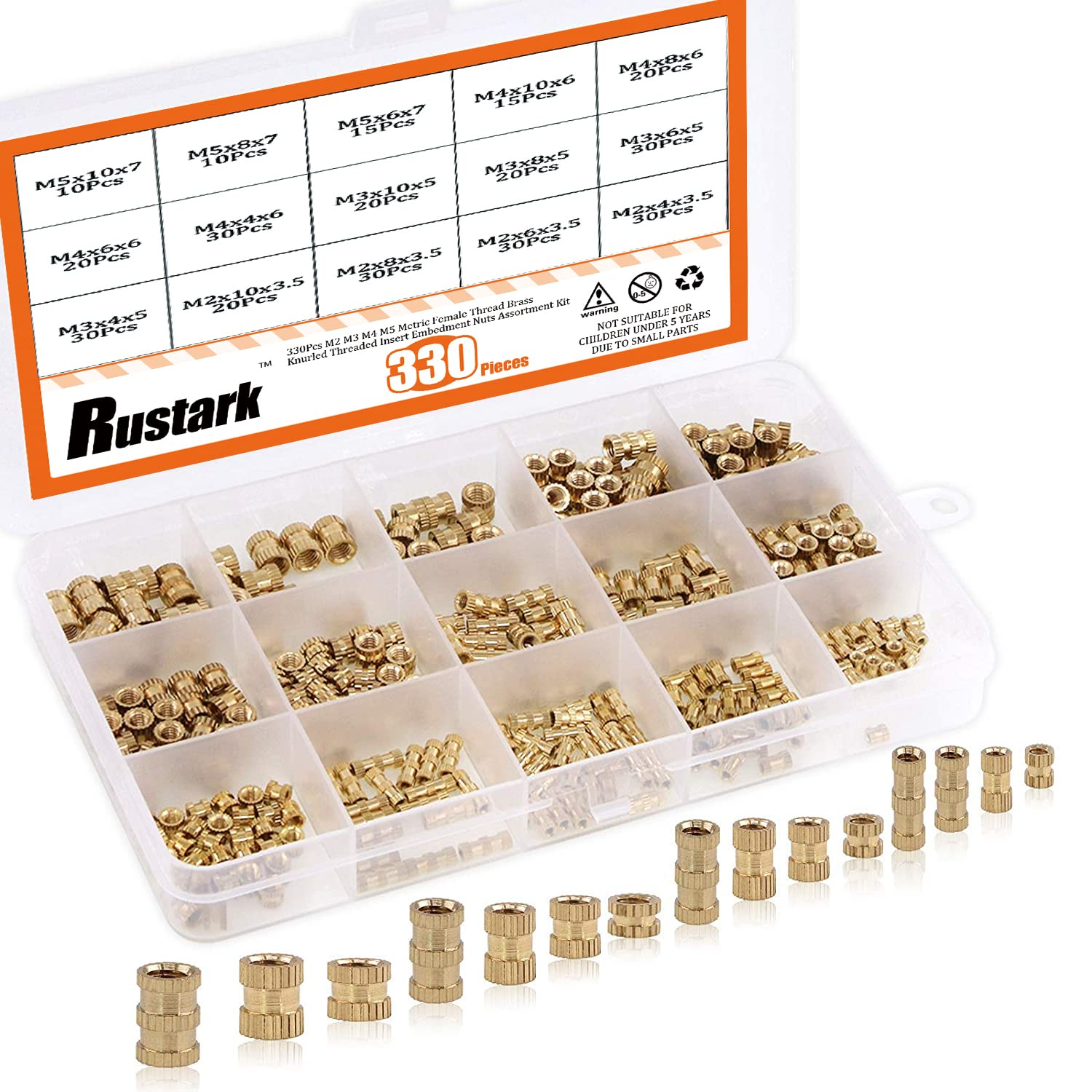 Rustark 330Pcs M2 M3 M4 M5 Metric Female Thread Brass Knurled Threaded Insert Embedment Nuts Assortment Kit image number 5